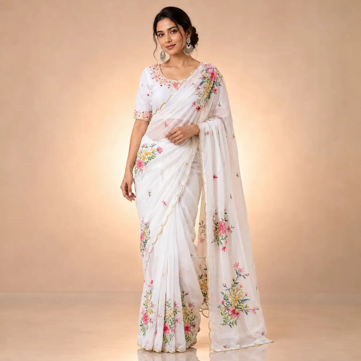 Ivory Floral Khatli Saree