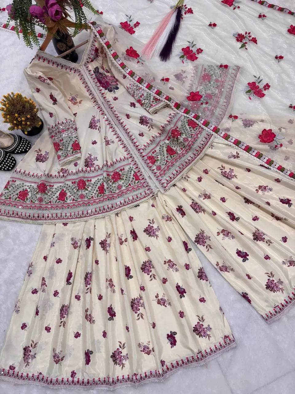 Ivory Floral Peplum Sharara Set