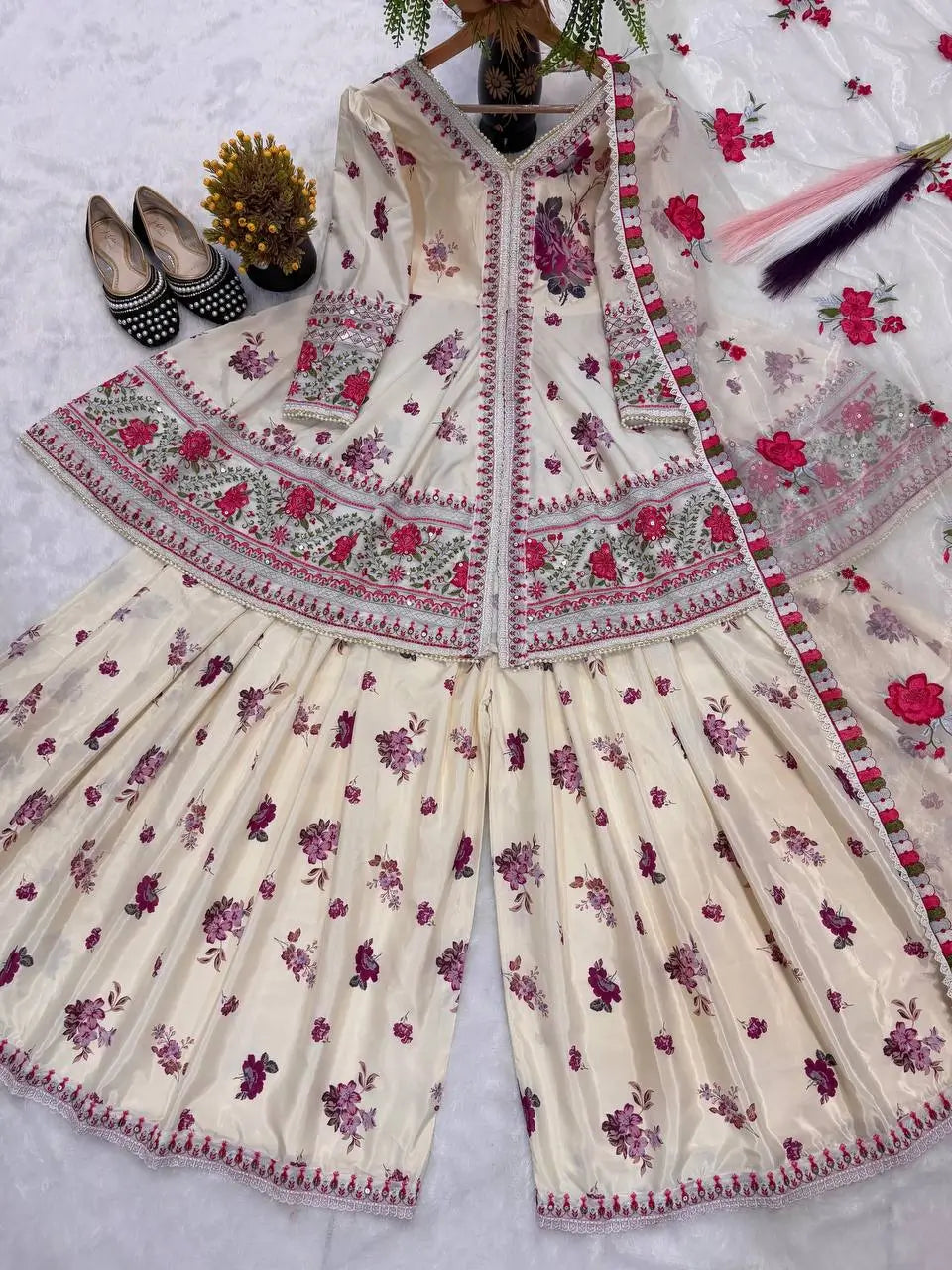 Ivory Floral Peplum Sharara Set