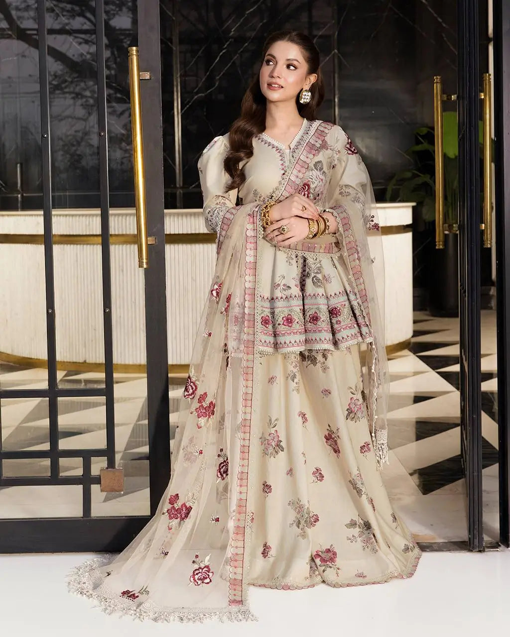 Ivory Floral Peplum Sharara Set