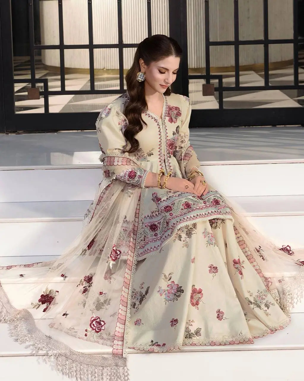 Ivory Floral Peplum Sharara Set
