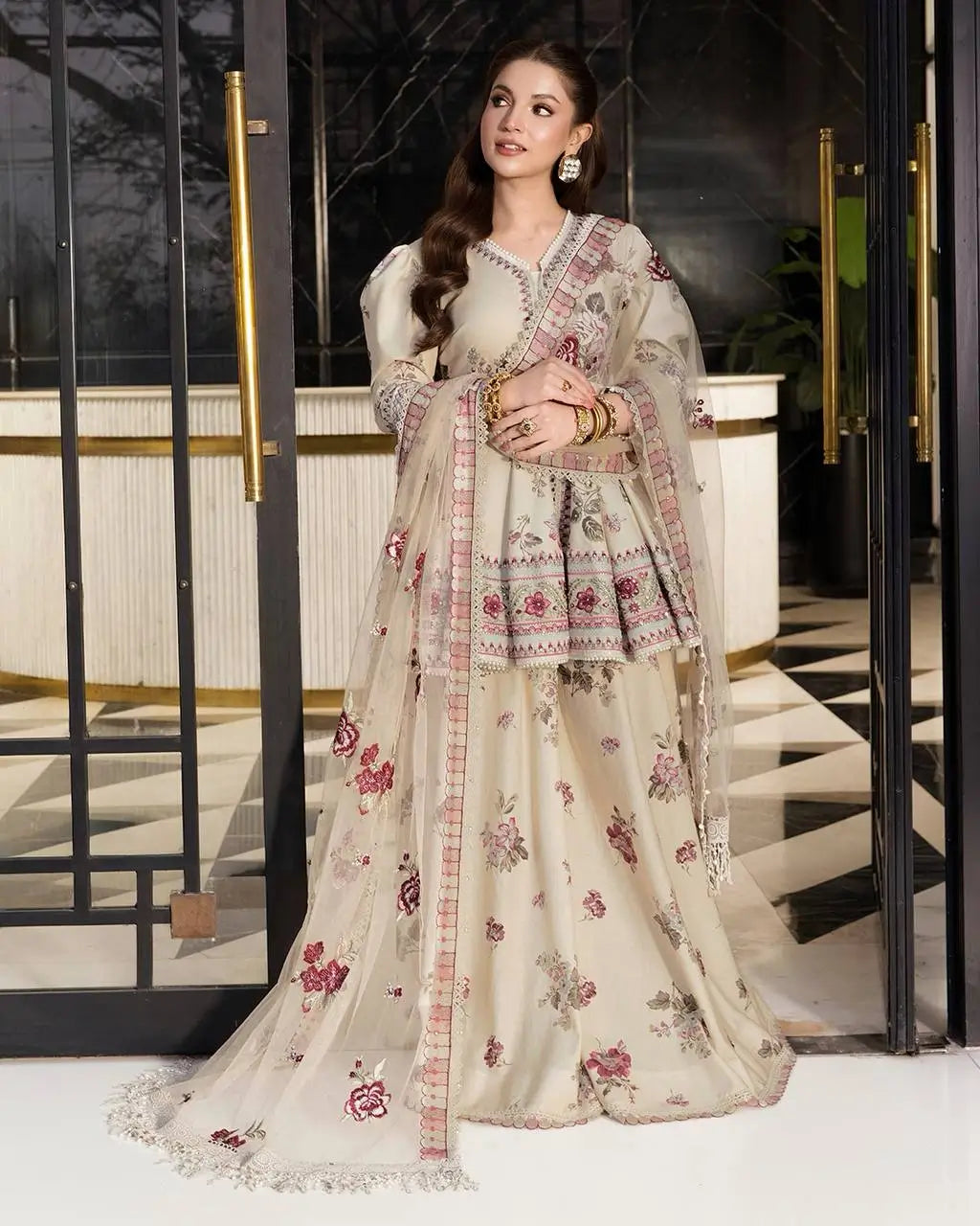 Ivory Floral Peplum Sharara Set