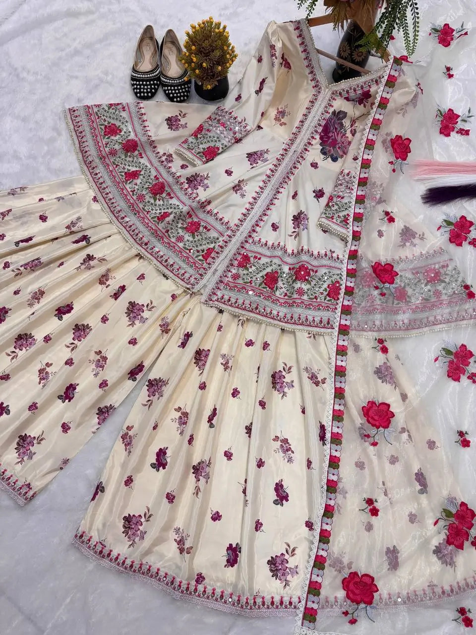 Ivory Floral Peplum Sharara Set