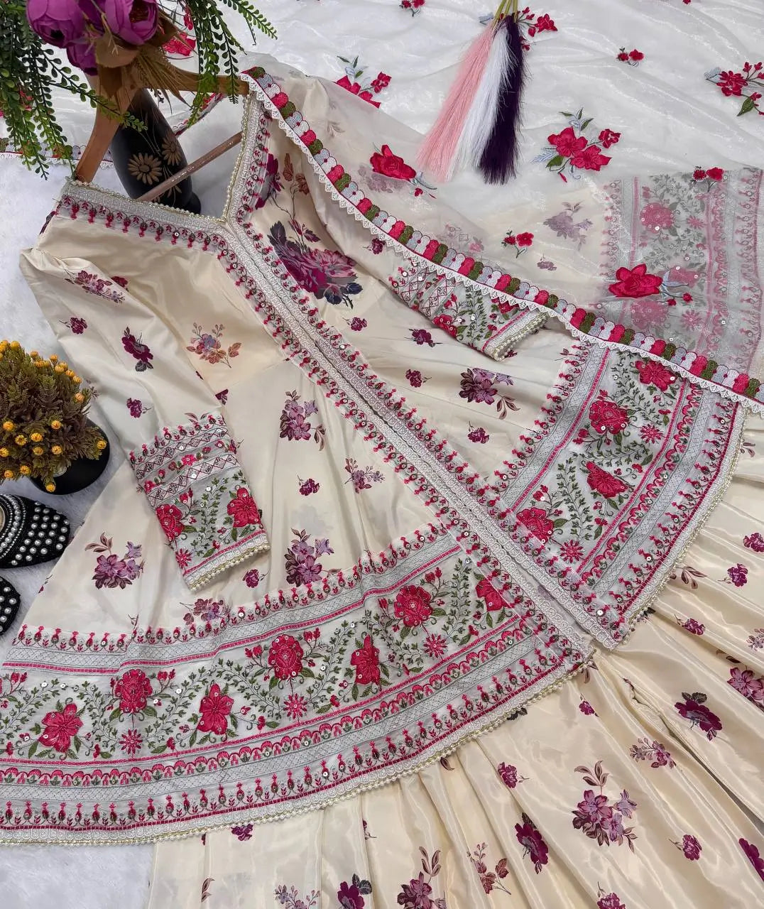 Ivory Floral Peplum Sharara Set
