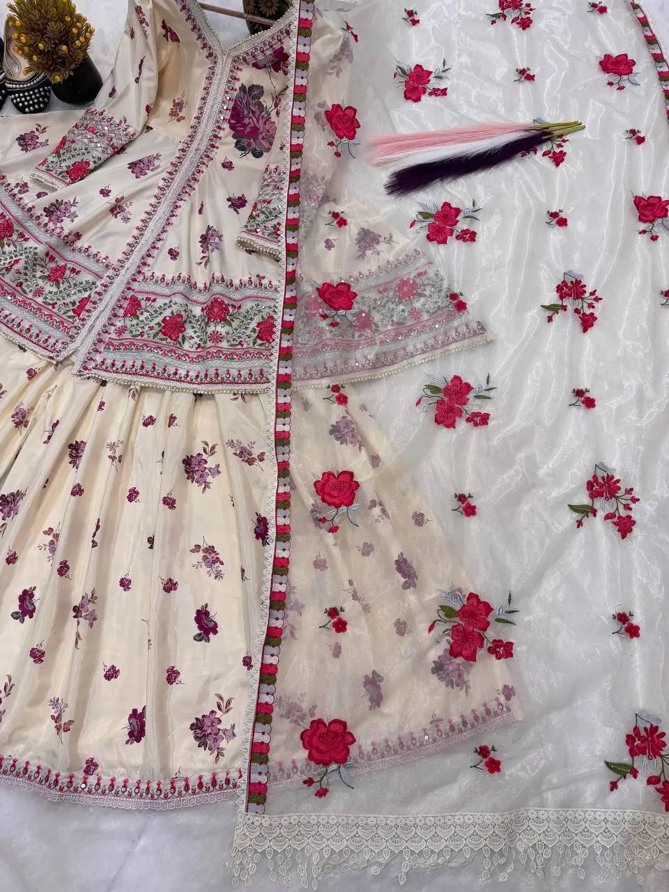 Ivory Floral Peplum Sharara Set