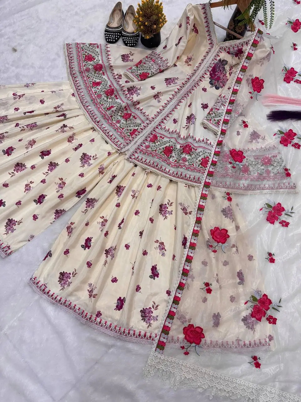 Ivory Floral Peplum Sharara Set