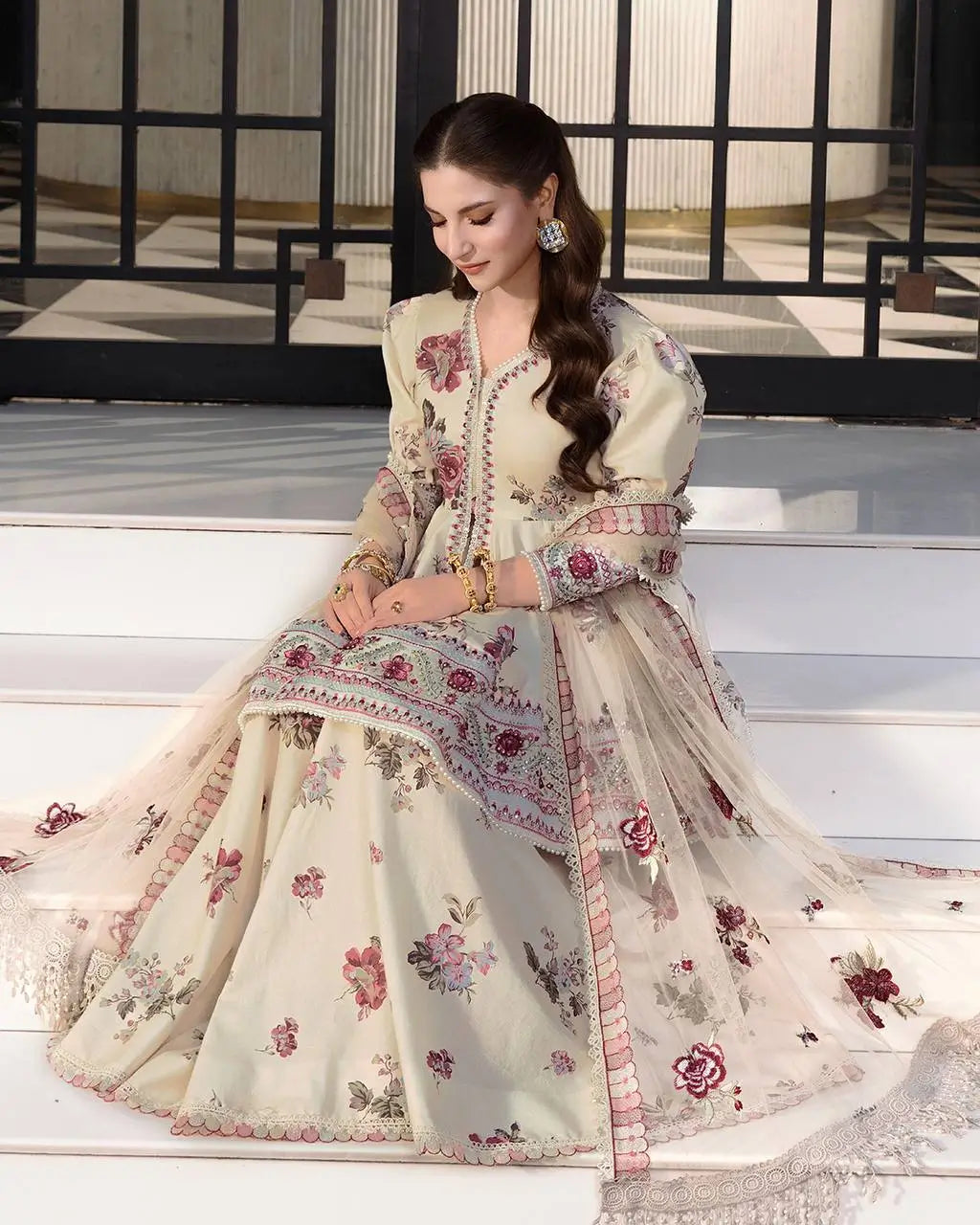 Ivory Floral Peplum Sharara Set