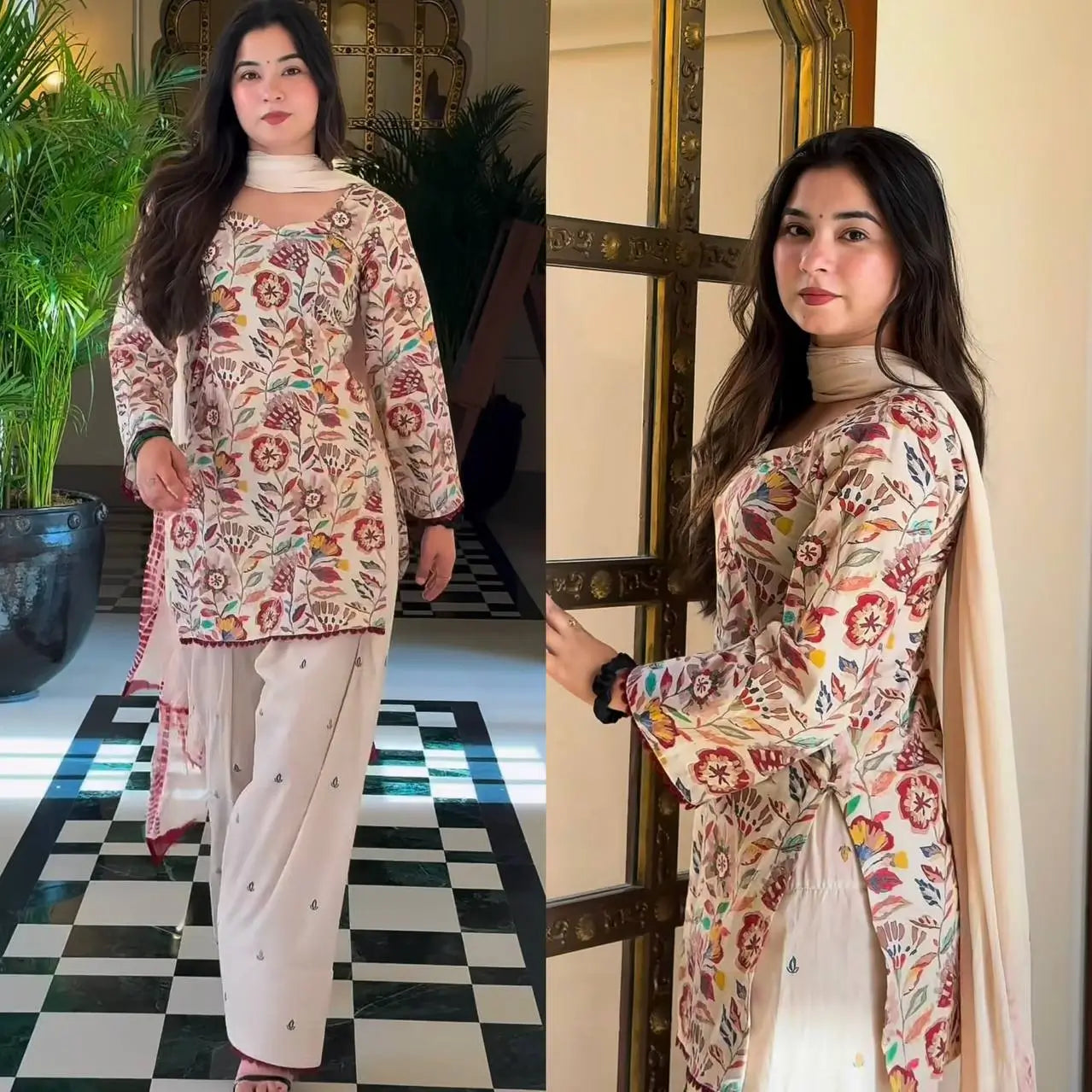Ivory Floral Print Farshi