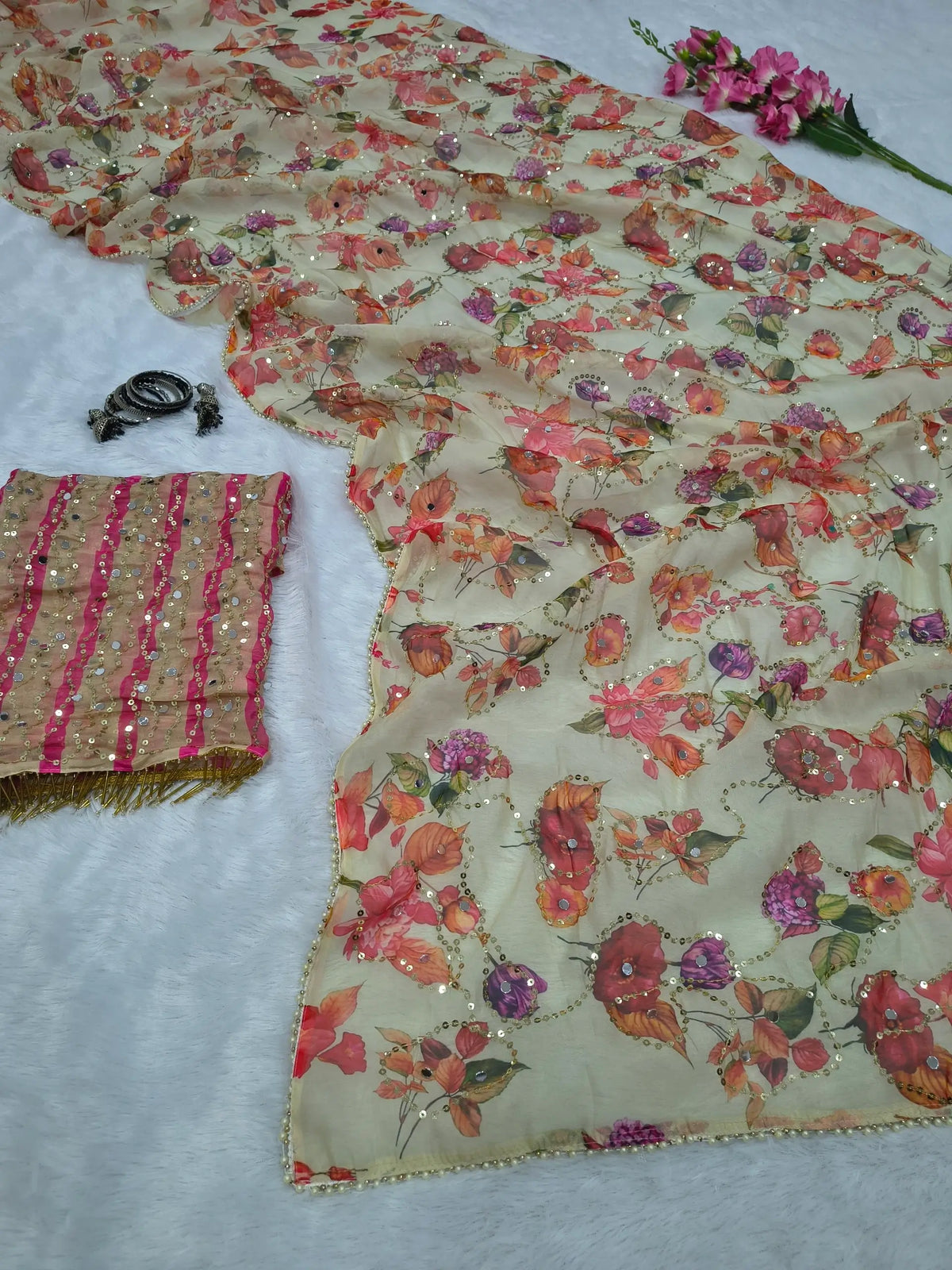 Ivory Floral Tabby Silk Mirror Saree