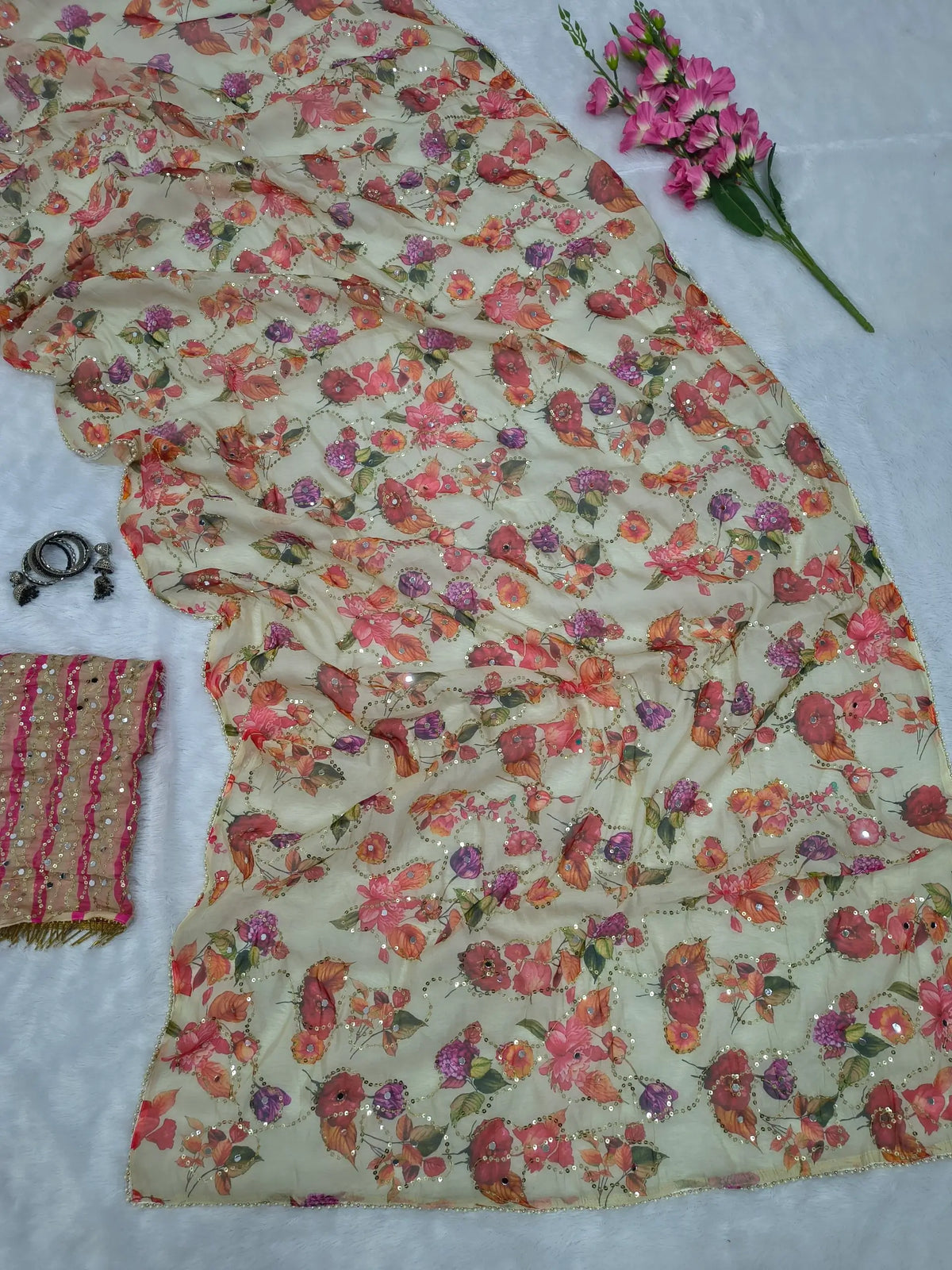 Ivory Floral Tabby Silk Mirror Saree