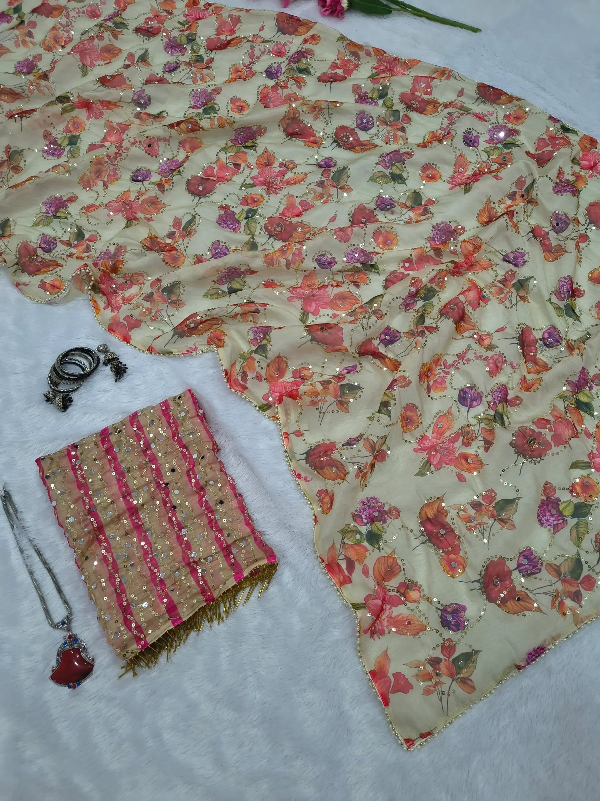 Ivory Floral Tabby Silk Mirror Saree