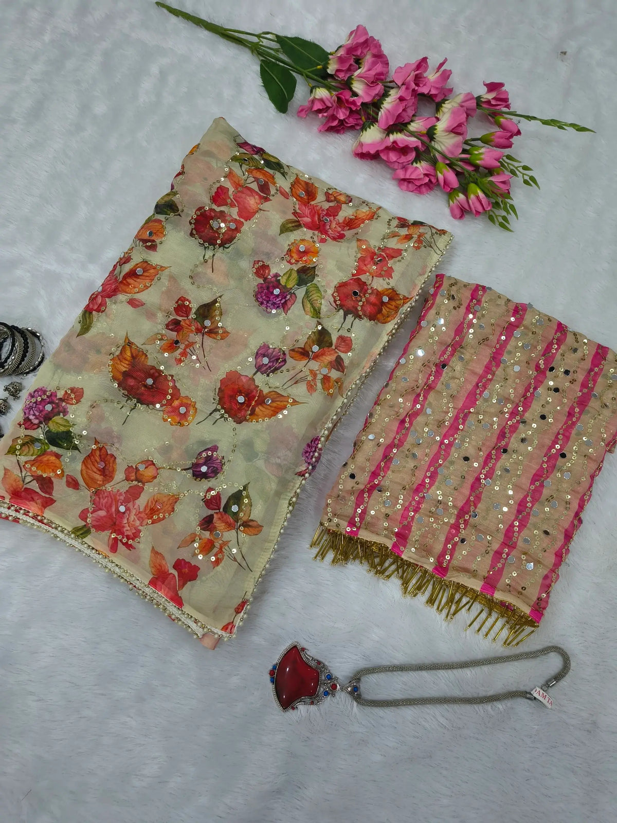 Ivory Floral Tabby Silk Mirror Saree