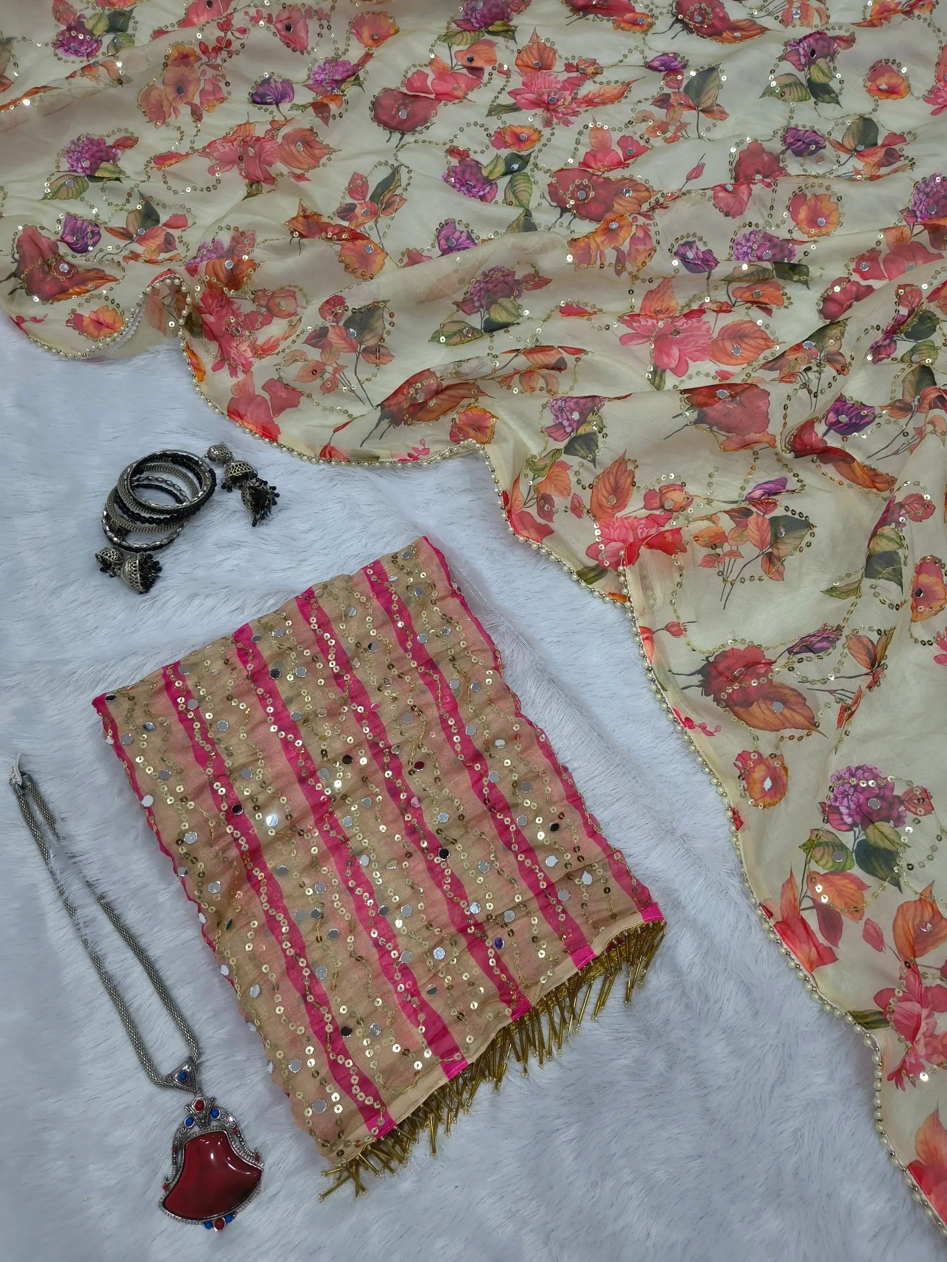 Ivory Floral Tabby Silk Mirror Saree