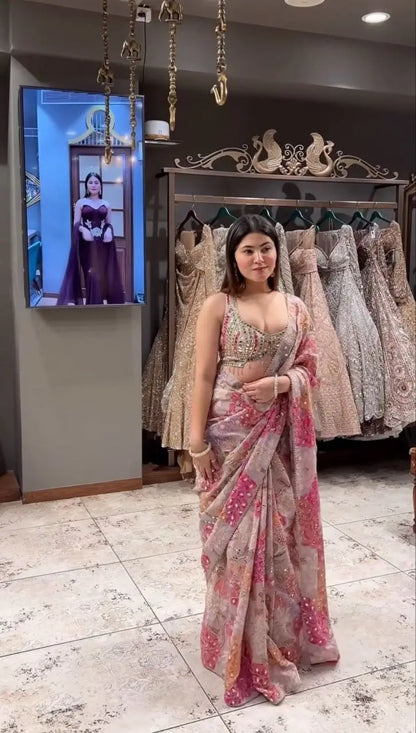 Ivory Floral Tabby Silk Mirror Saree