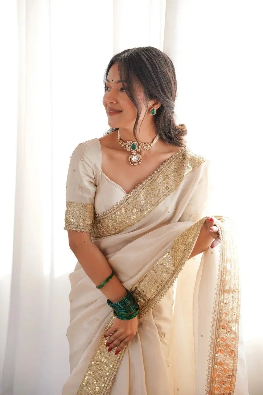 Ivory Handwork Silk Saree