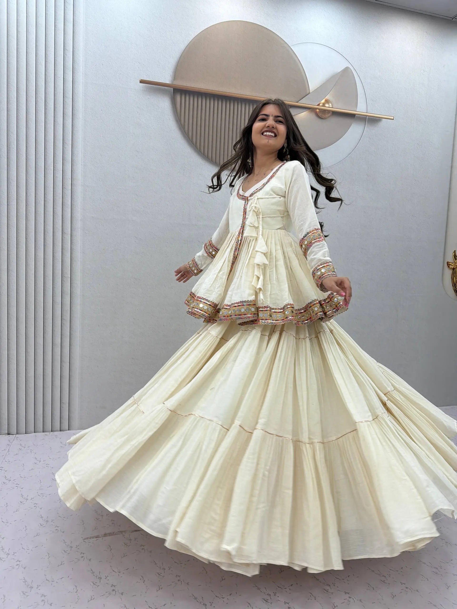 Ivory Kediyu Mirror Work Lehenga