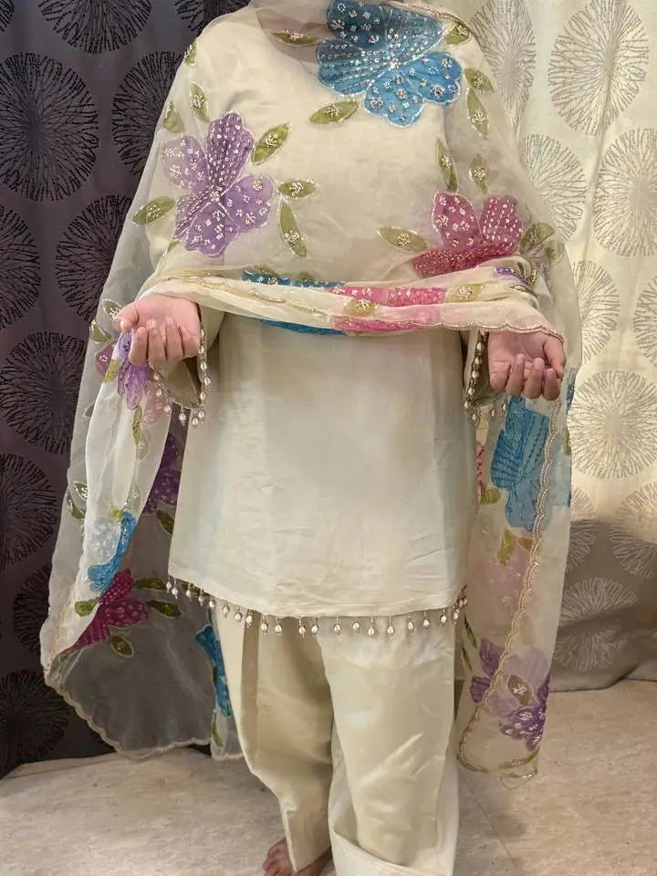 Ivory Lace Trim Kurti Set