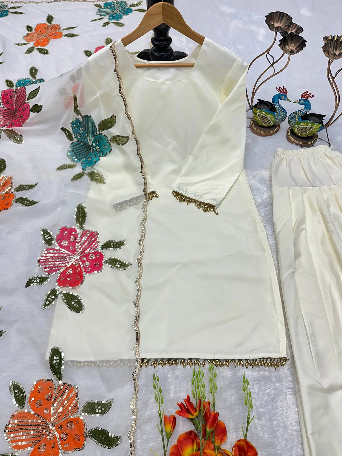 Ivory Lace Trim Kurti Set