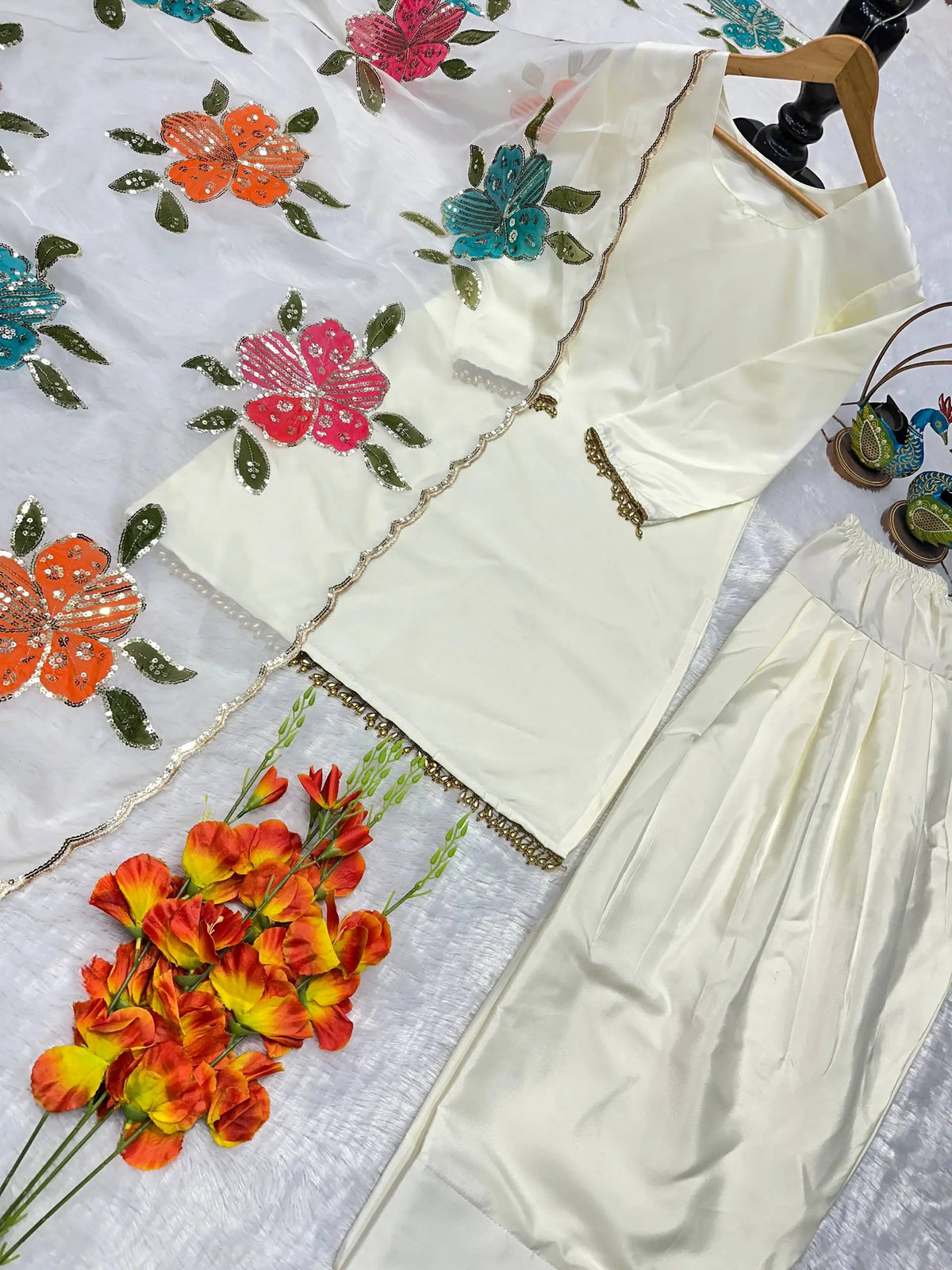 Ivory Lace Trim Kurti Set