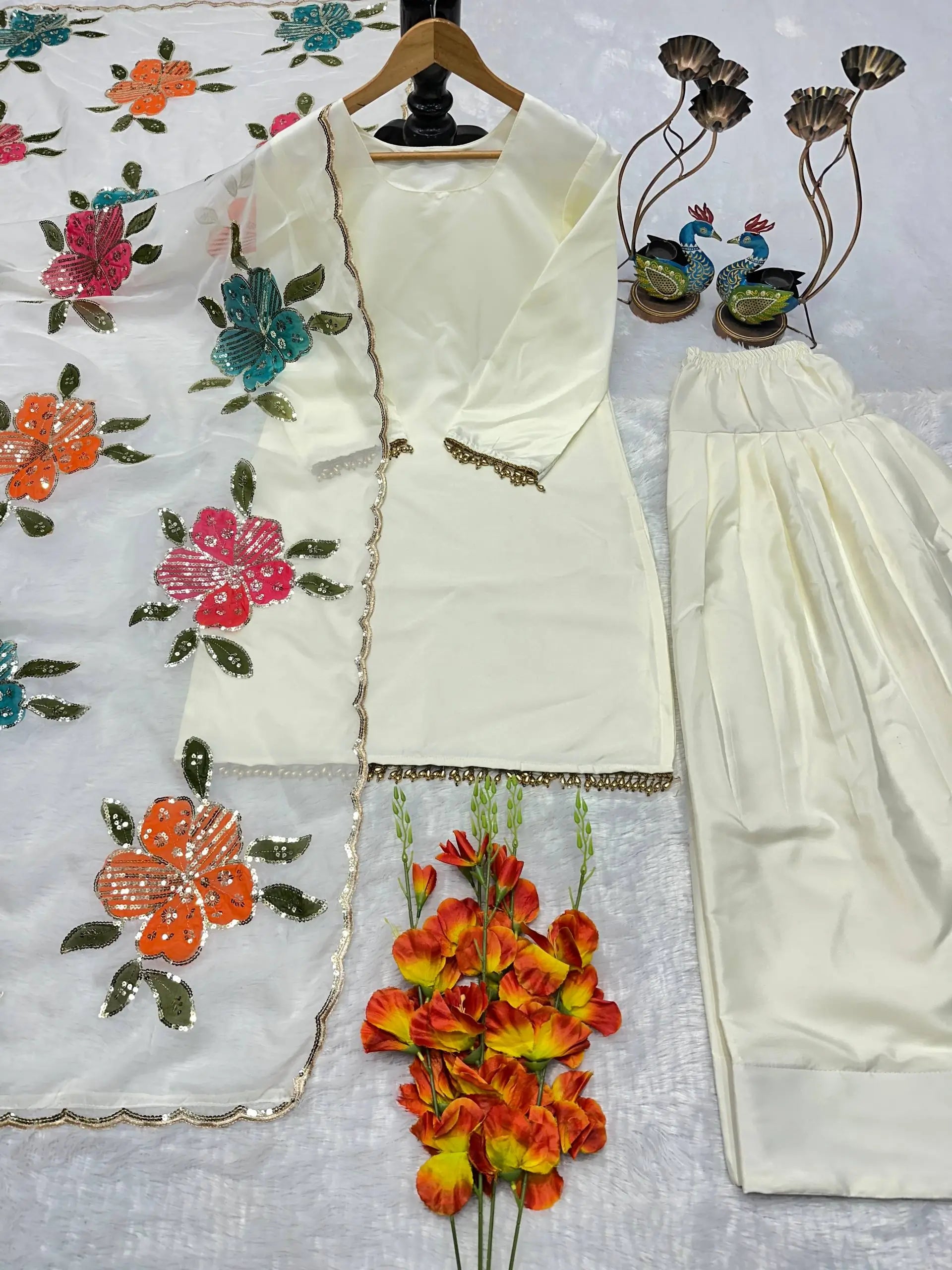Ivory Lace Trim Kurti Set