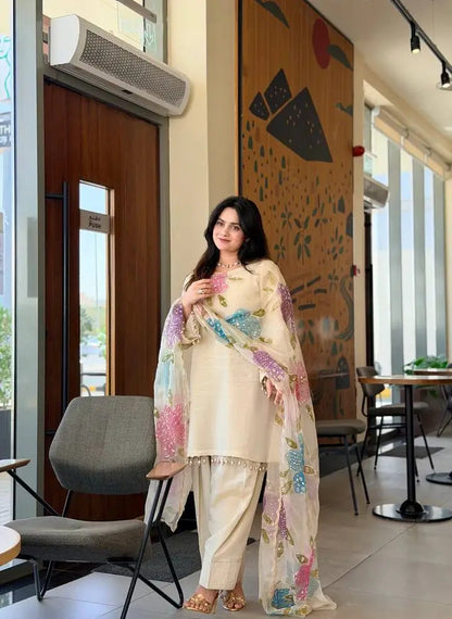 Ivory Lace Trim Kurti Set