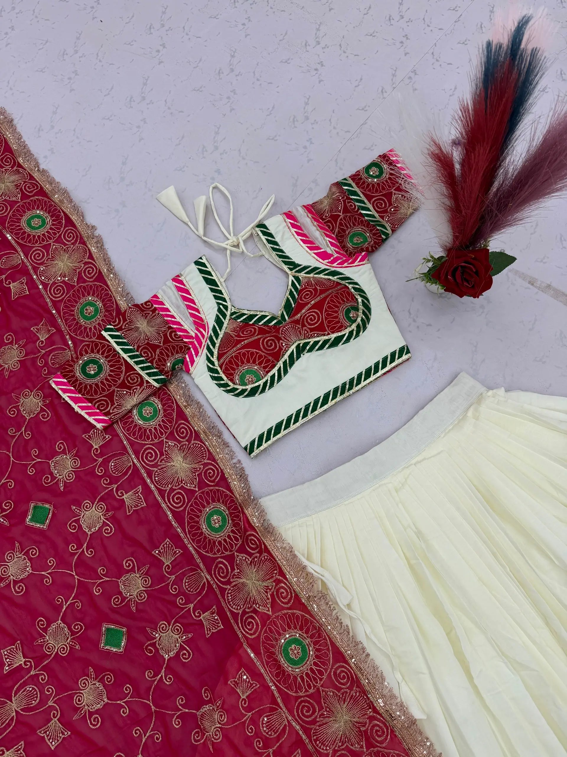 Ivory Magenta Embroidered Lehenga