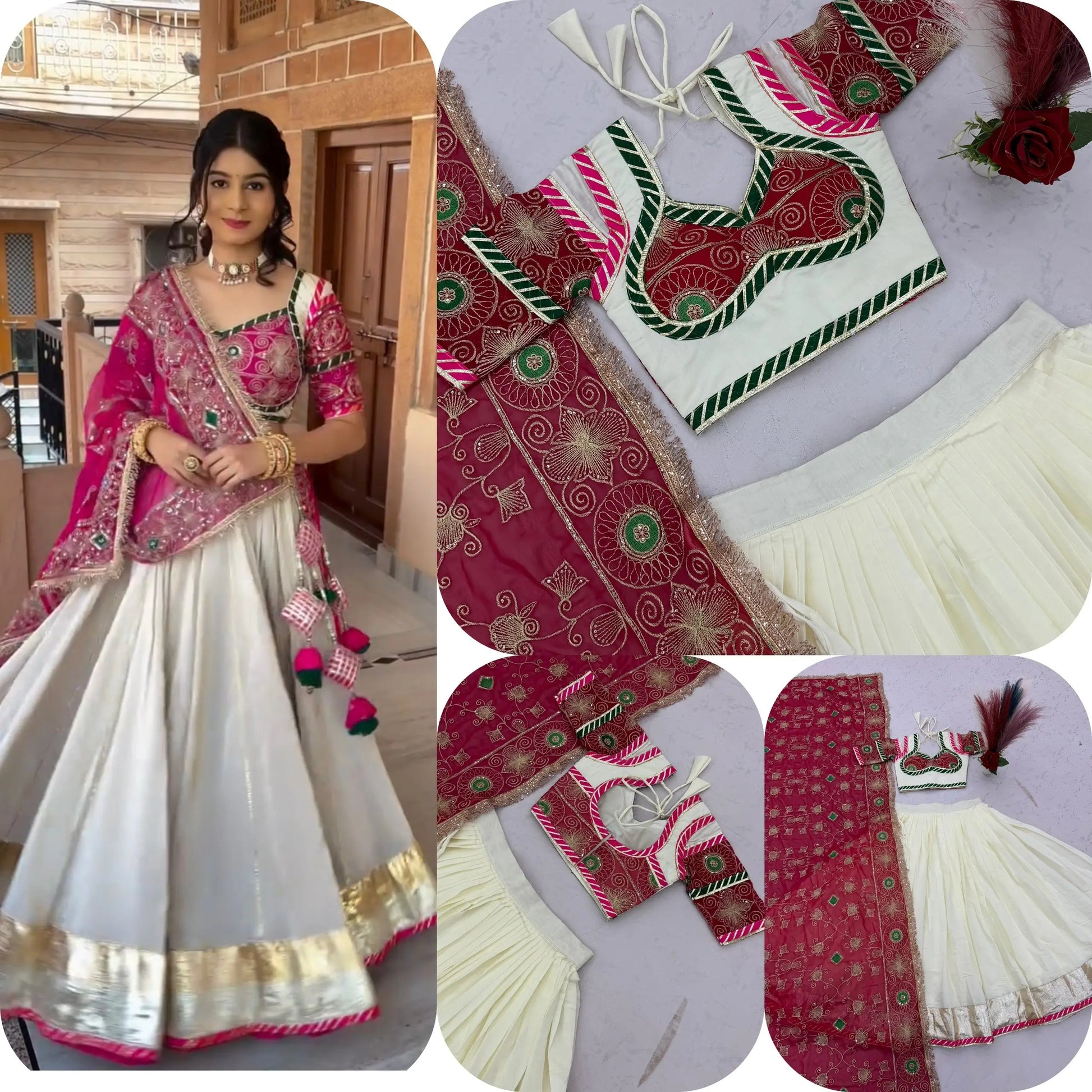 Ivory Magenta Embroidered Lehenga