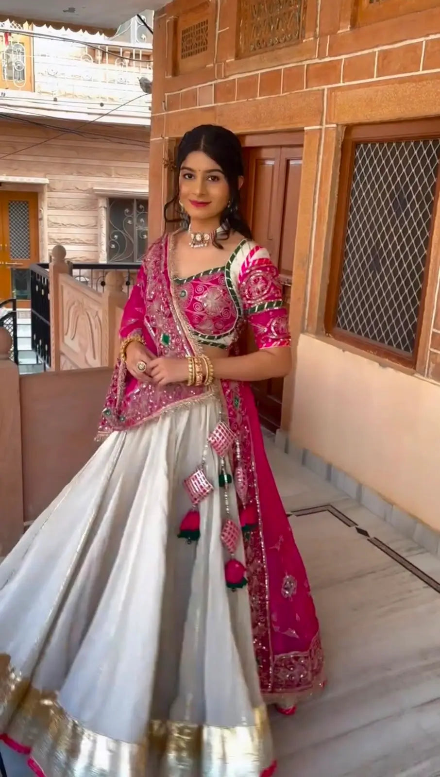Ivory Magenta Embroidered Lehenga