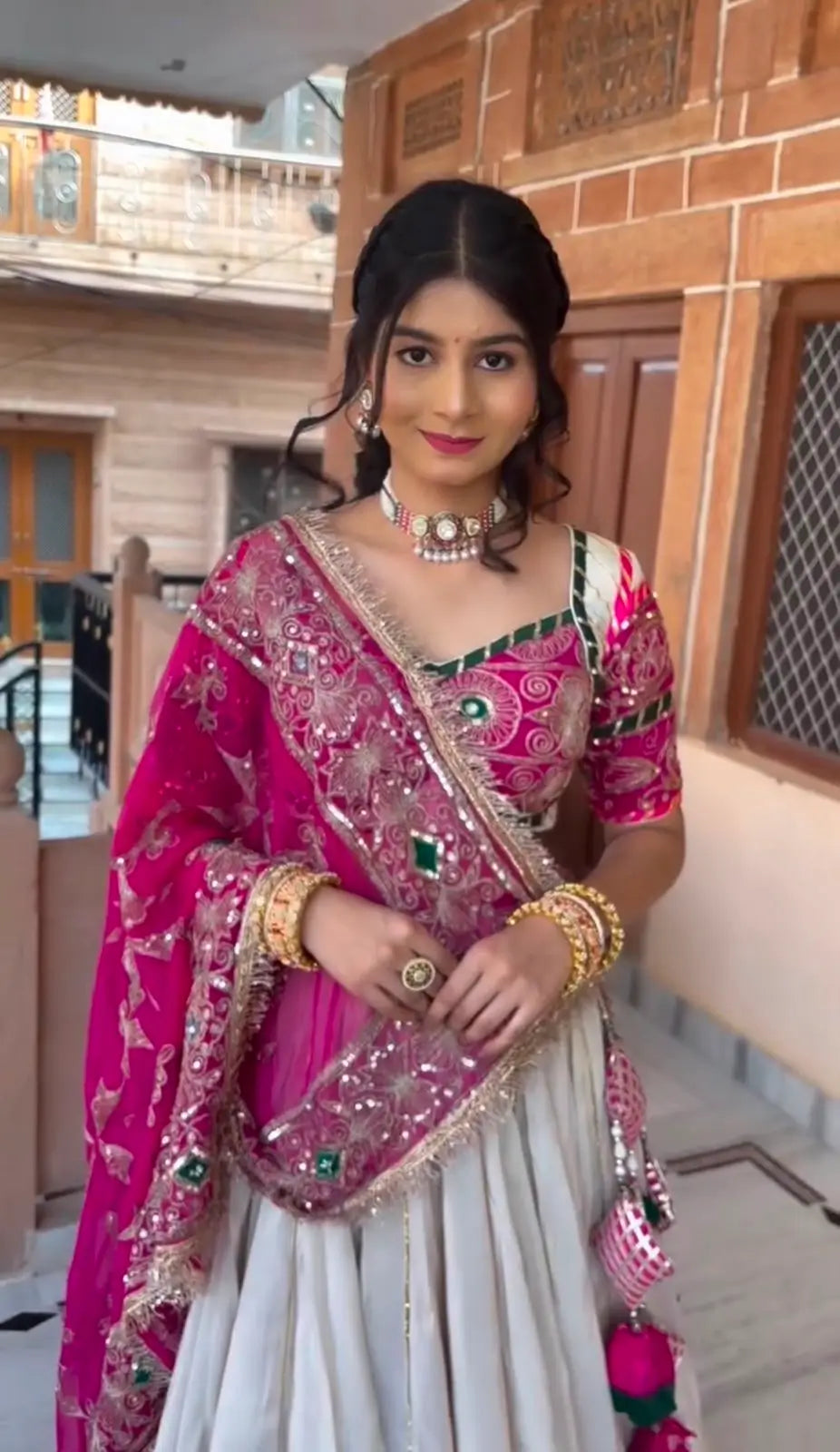 Ivory Magenta Embroidered Lehenga