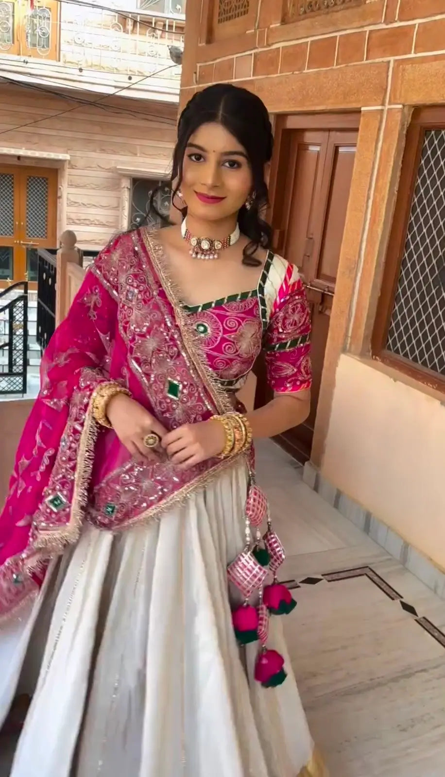Ivory Magenta Embroidered Lehenga