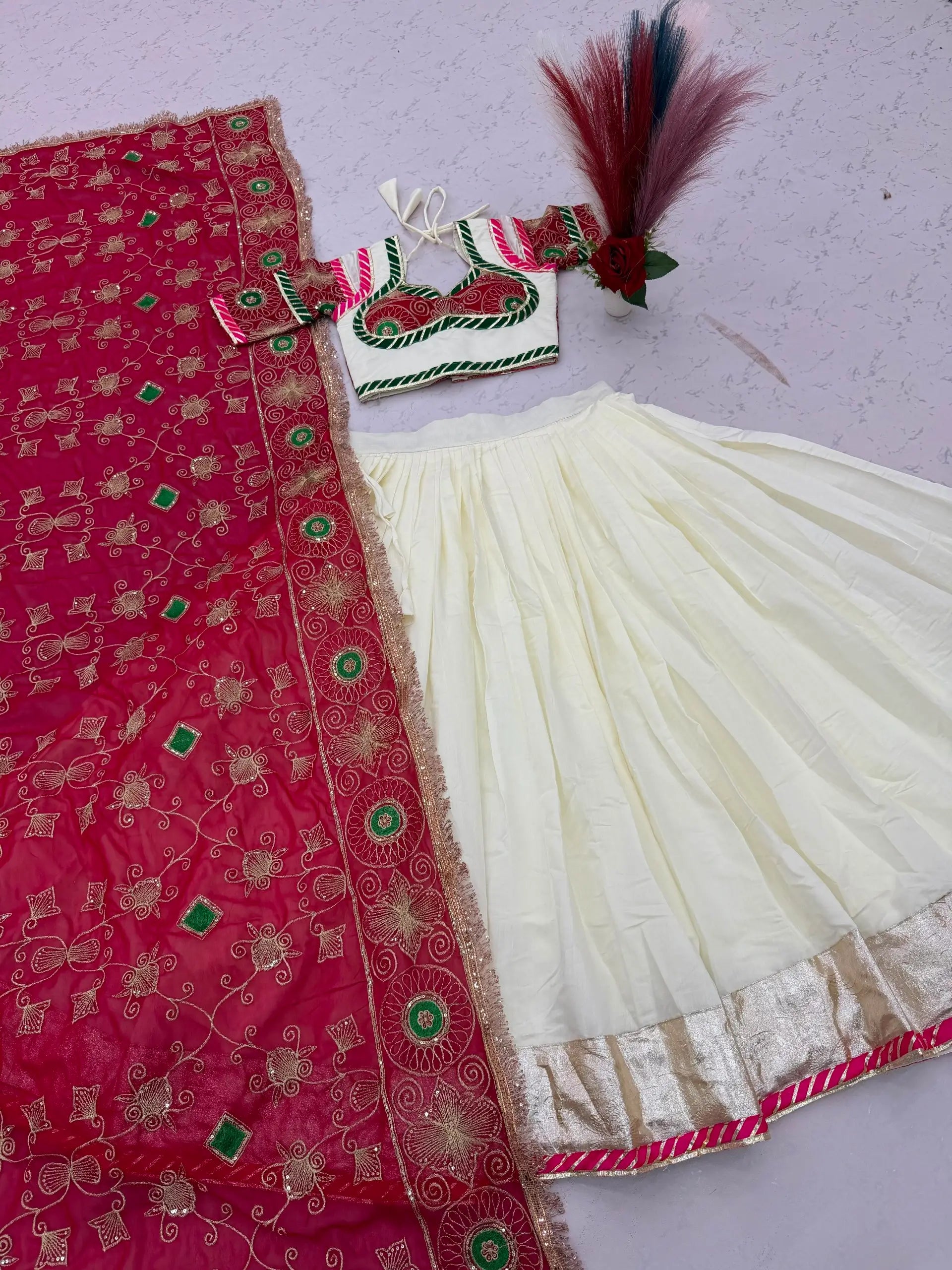 Ivory Magenta Embroidered Lehenga