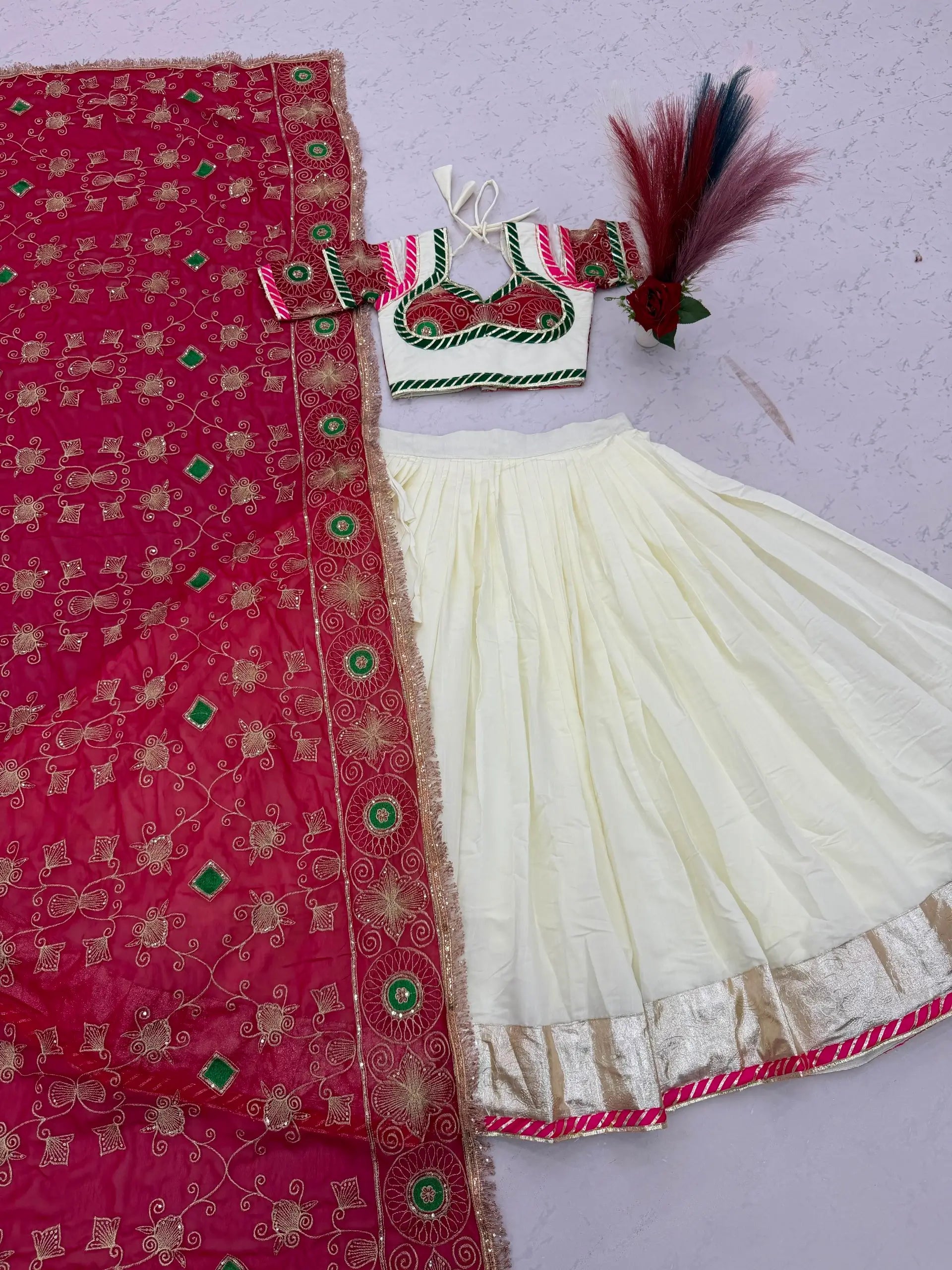 Ivory Magenta Embroidered Lehenga