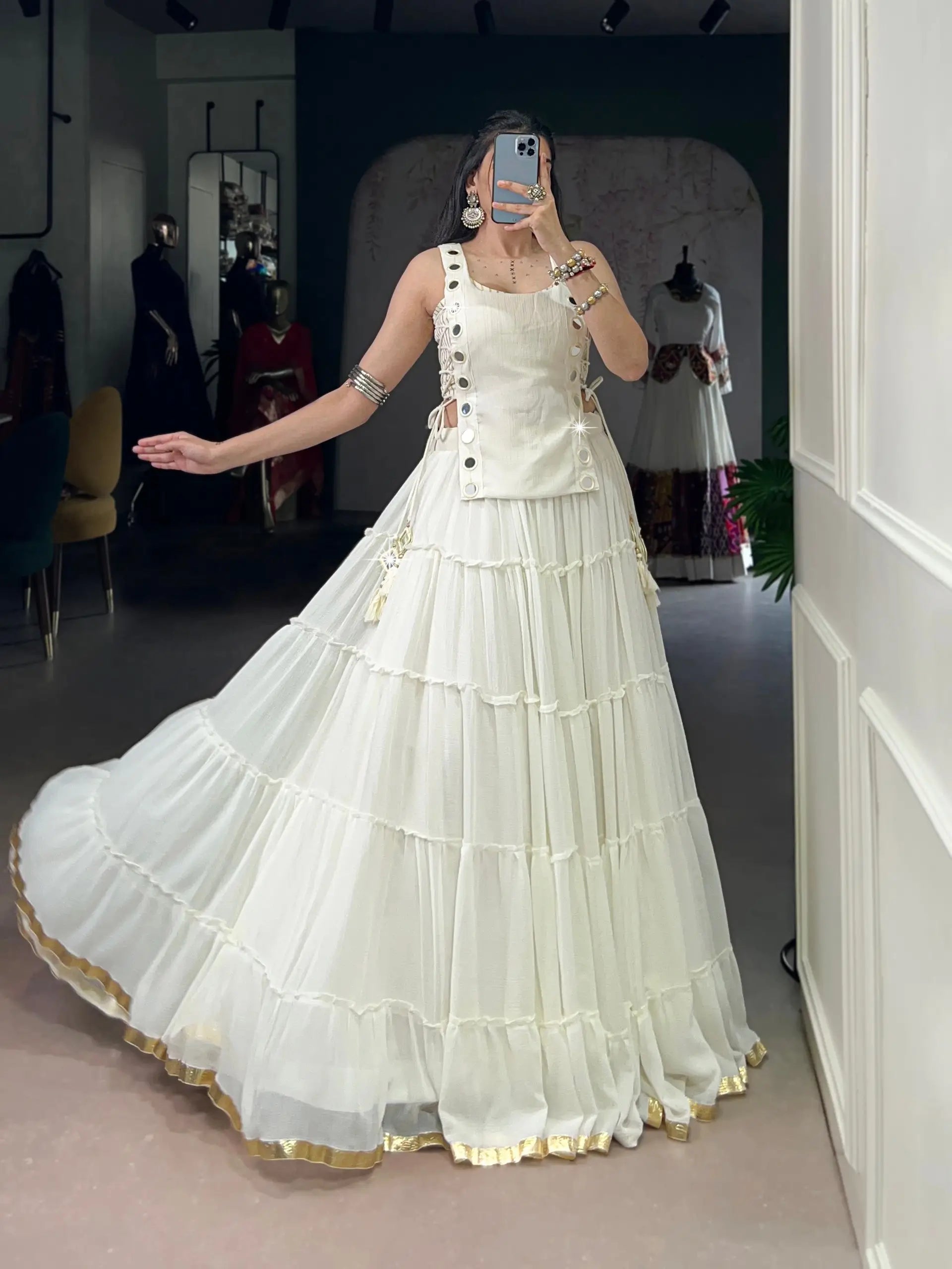 Ivory Majesty Marble Fabric Mirror Work Lehenga Set