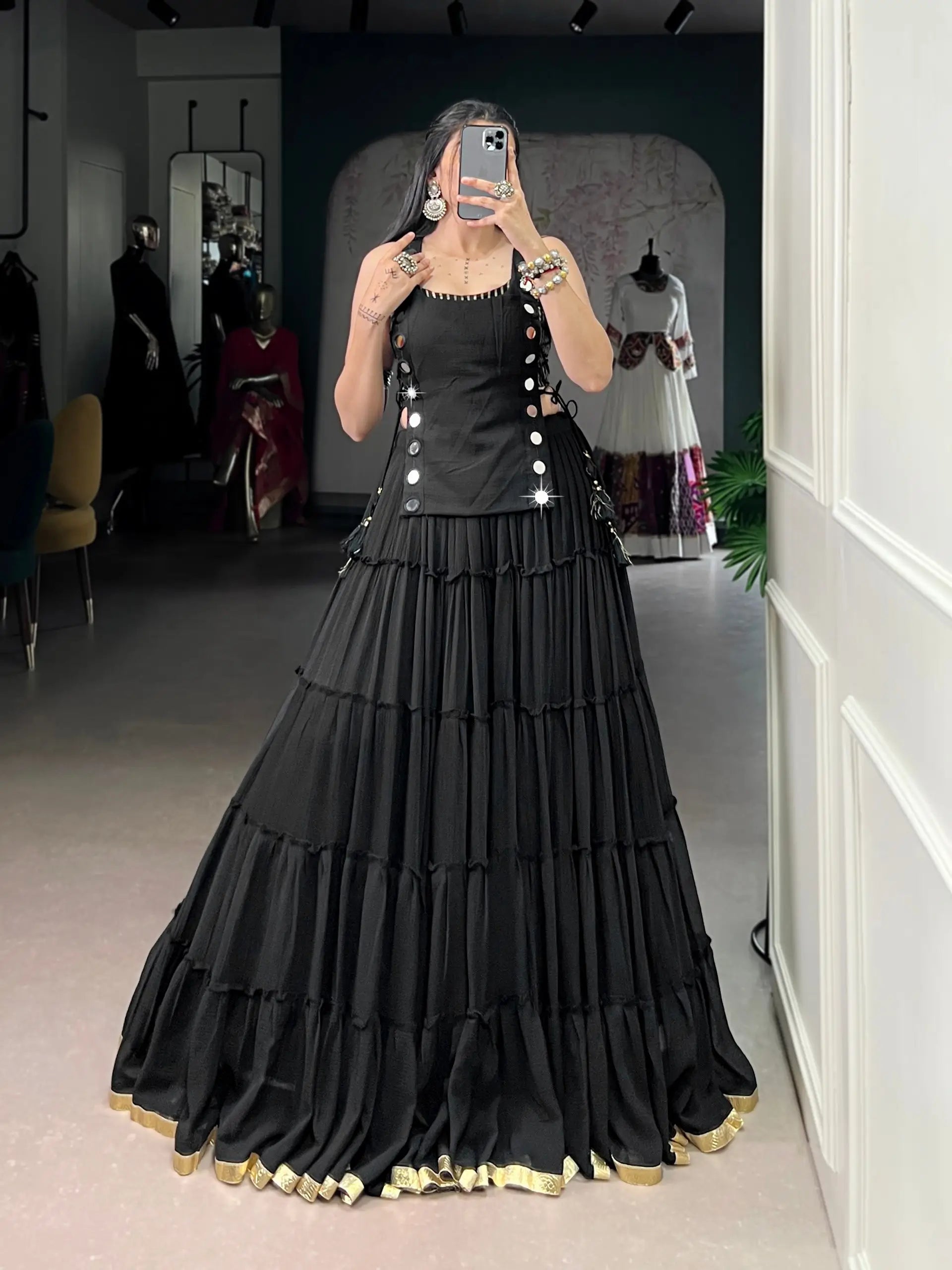 Ivory Majesty Marble Fabric Mirror Work Lehenga Set