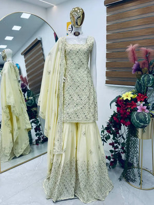 Ivory Natural Crape Embroidered Palazzo Suit with Dupatta | Party & Wedding Wear