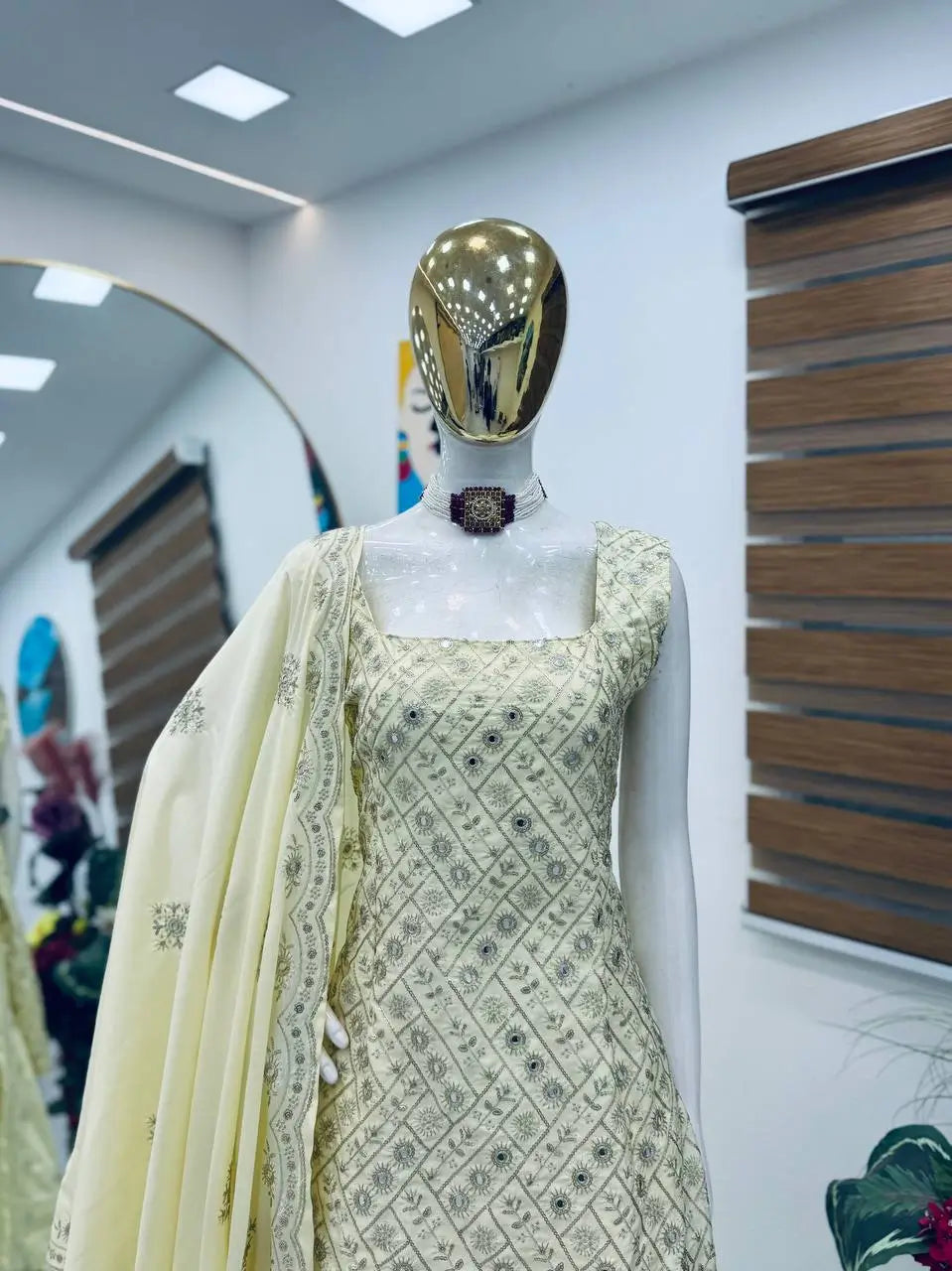 Ivory Natural Crape Embroidered Palazzo Suit with Dupatta | Party & Wedding Wear