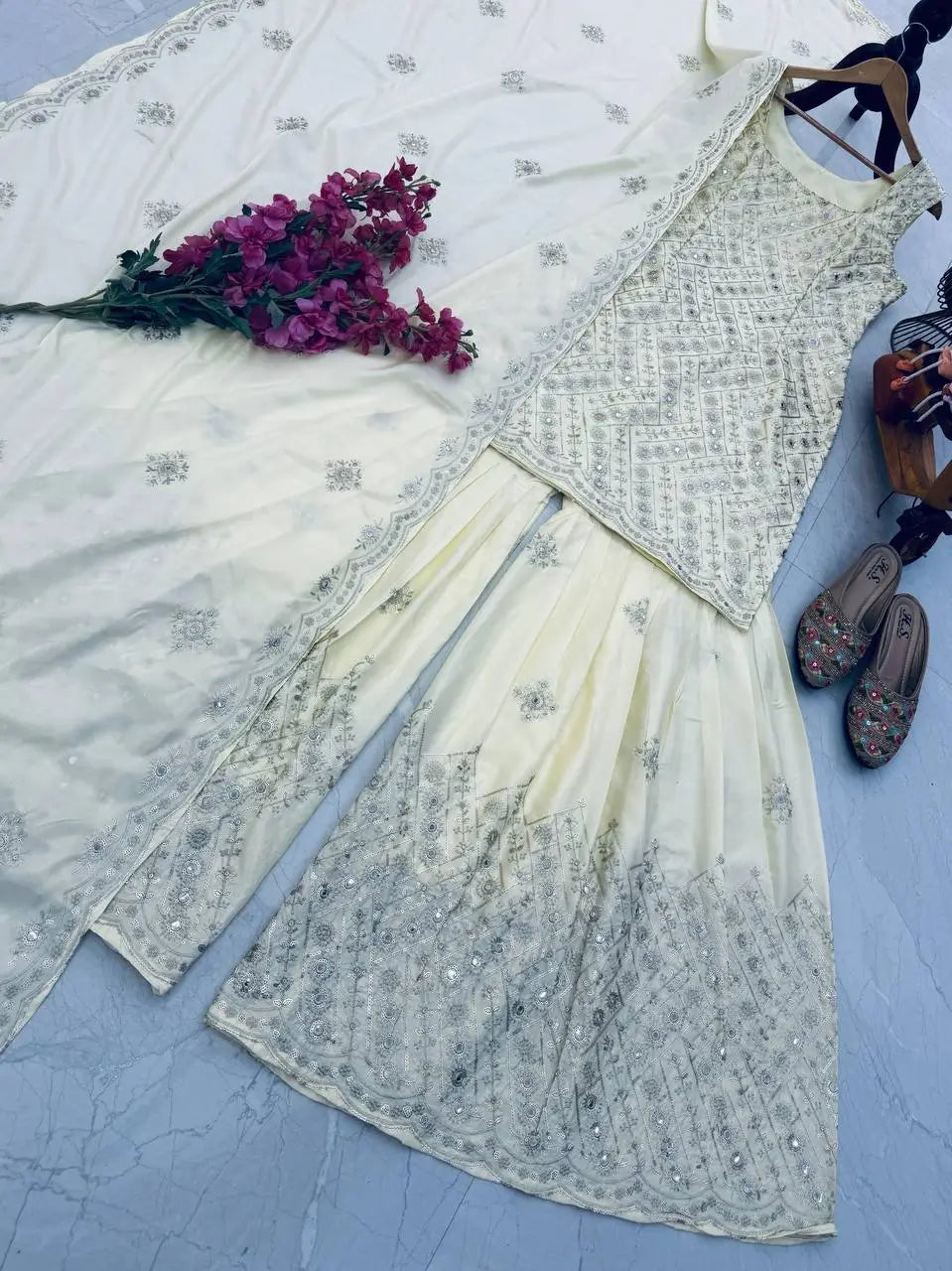 Ivory Natural Crape Embroidered Palazzo Suit with Dupatta | Party & Wedding Wear