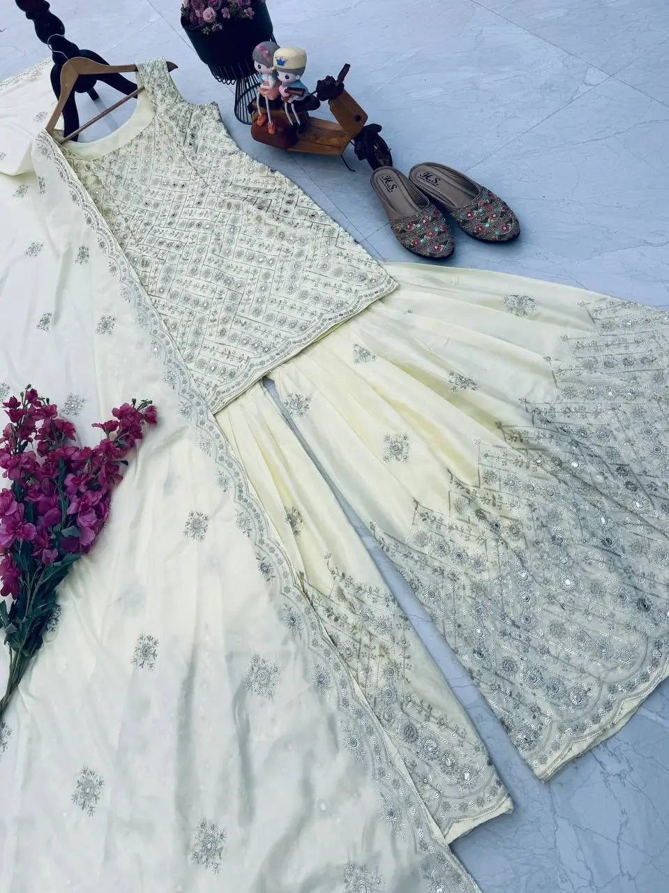 Ivory Natural Crape Embroidered Palazzo Suit with Dupatta | Party & Wedding Wear