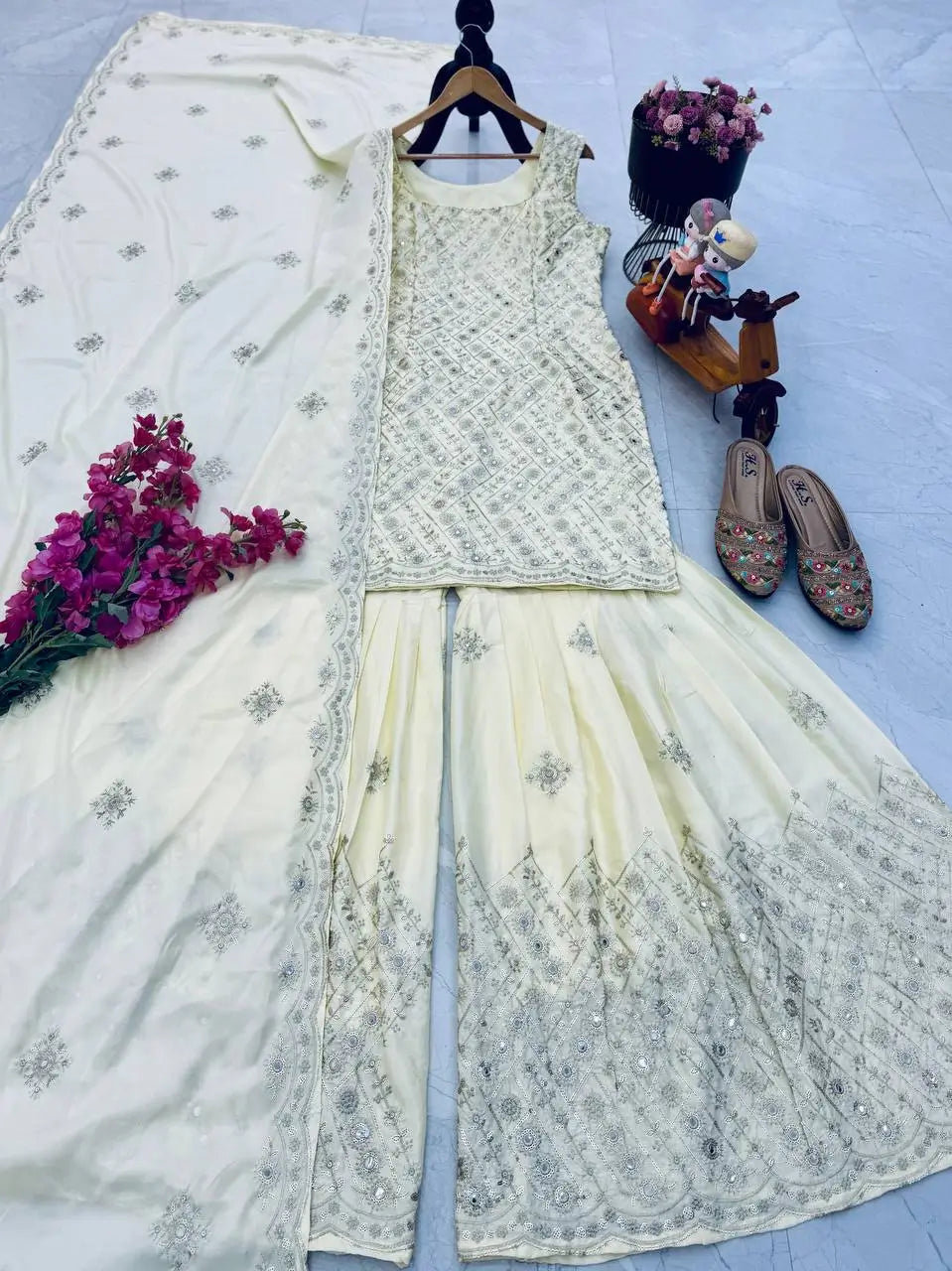 Ivory Natural Crape Embroidered Palazzo Suit with Dupatta | Party & Wedding Wear