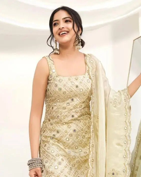 Ivory Natural Crape Embroidered Palazzo Suit with Dupatta | Party & Wedding Wear