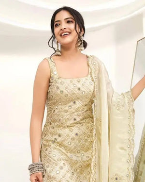 Ivory Natural Crape Embroidered Palazzo Suit with Dupatta | Party & Wedding Wear