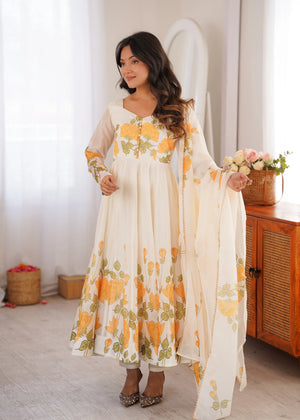 Ivory Organza Floral Print Anarkali with Dupatta