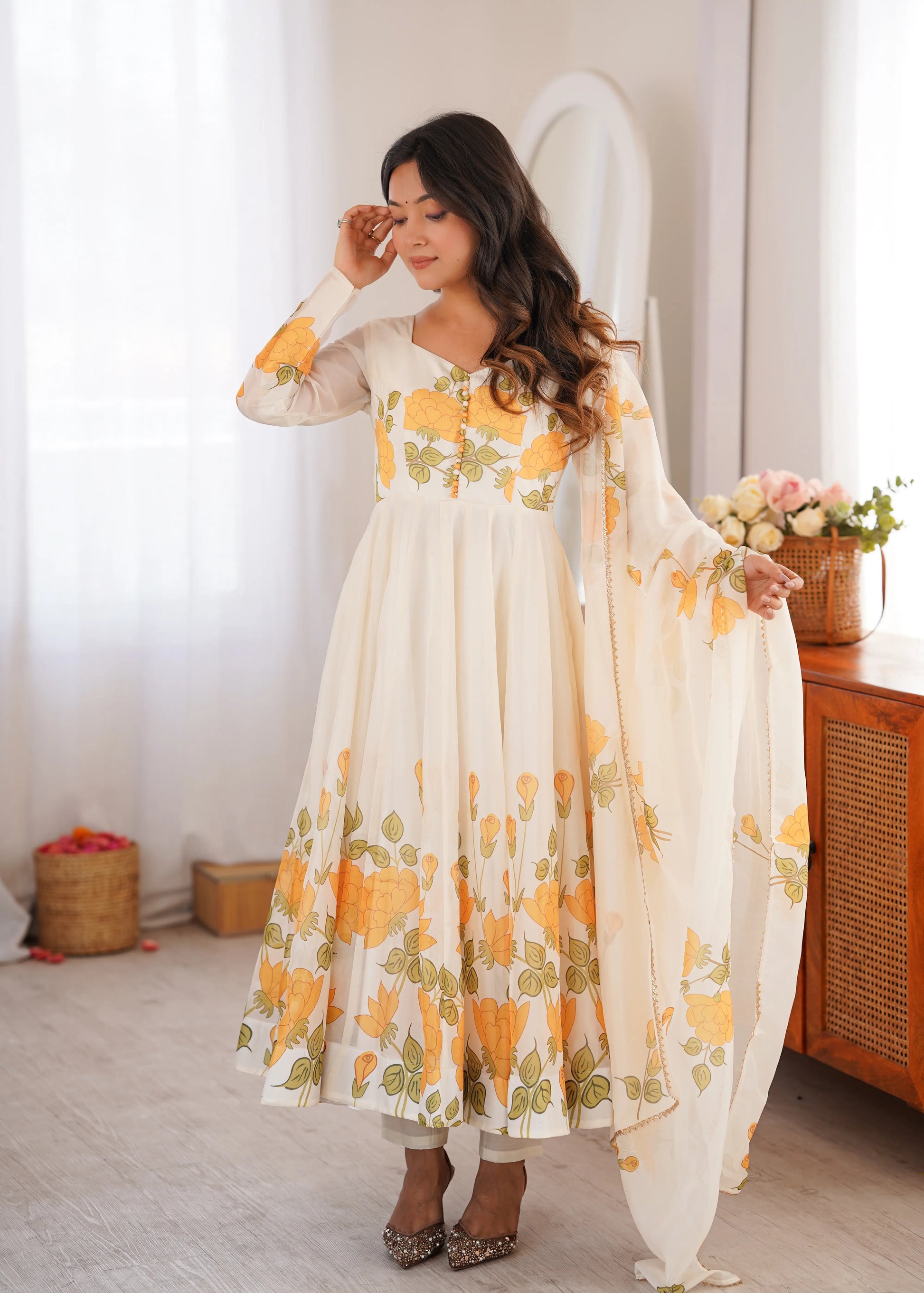 Ivory Organza Floral Print Anarkali with Dupatta