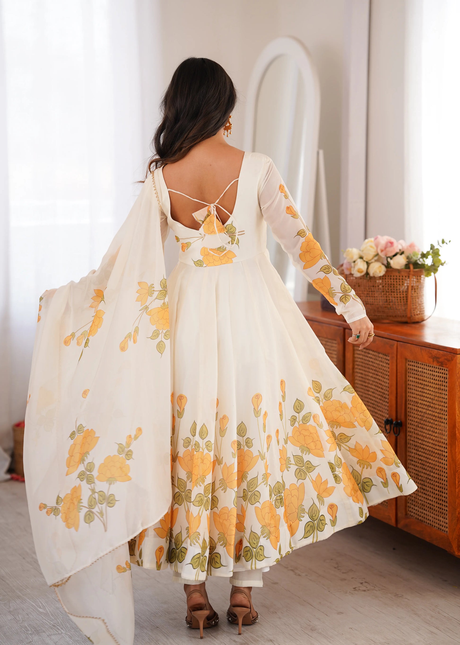 Ivory Organza Floral Print Anarkali with Dupatta