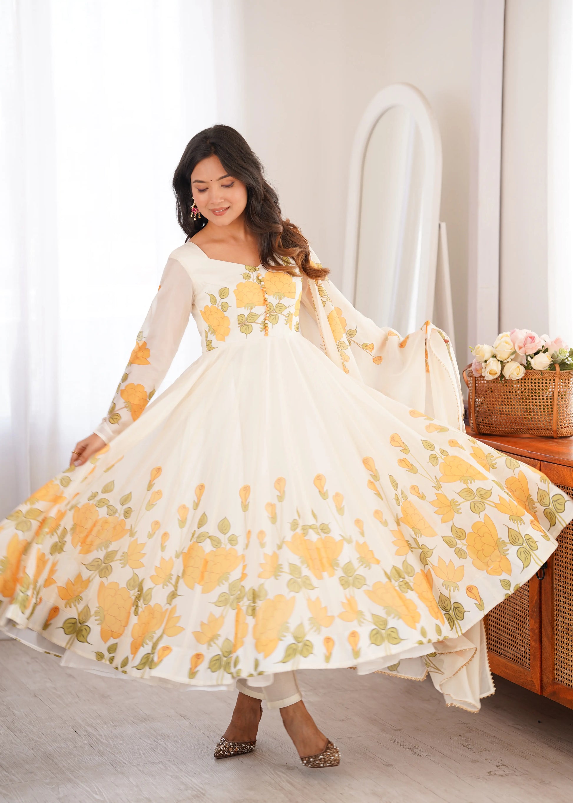 Ivory Organza Floral Print Anarkali with Dupatta