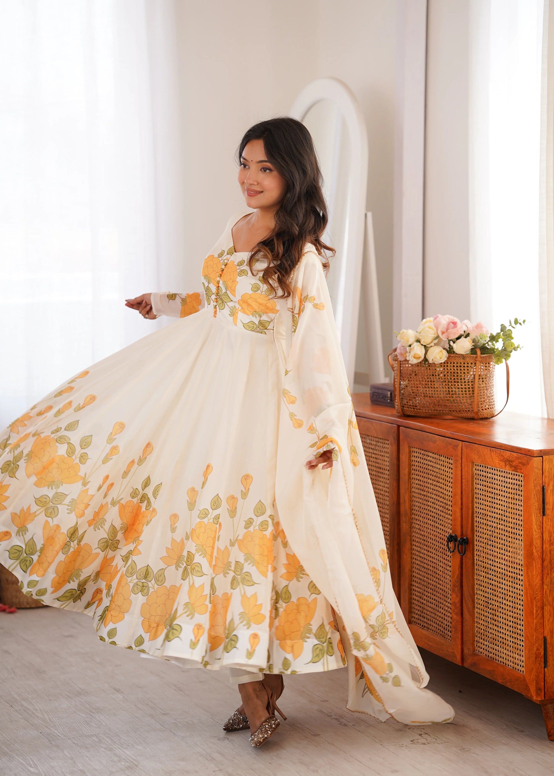 Ivory Organza Floral Print Anarkali with Dupatta