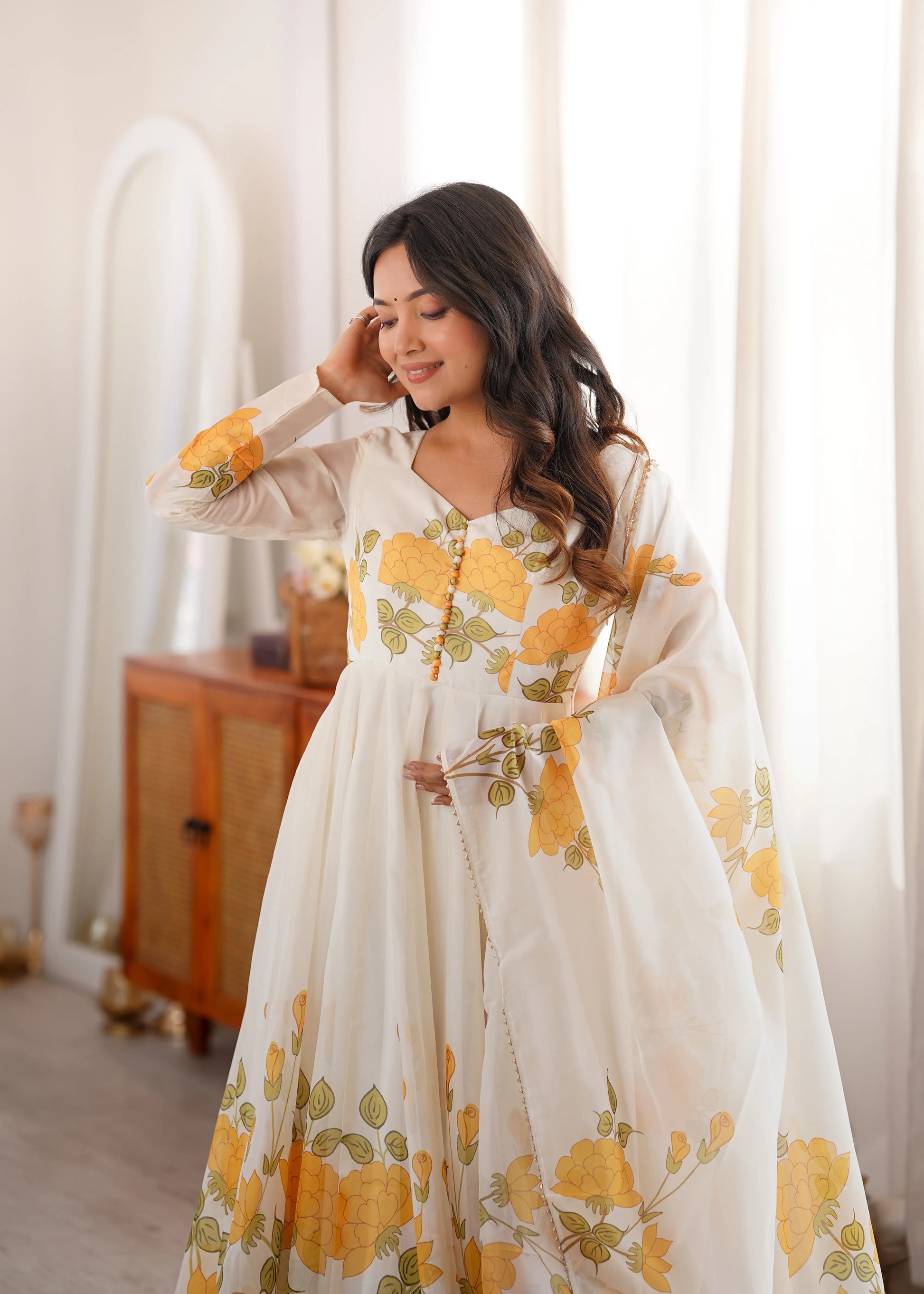 Ivory Organza Floral Print Anarkali with Dupatta