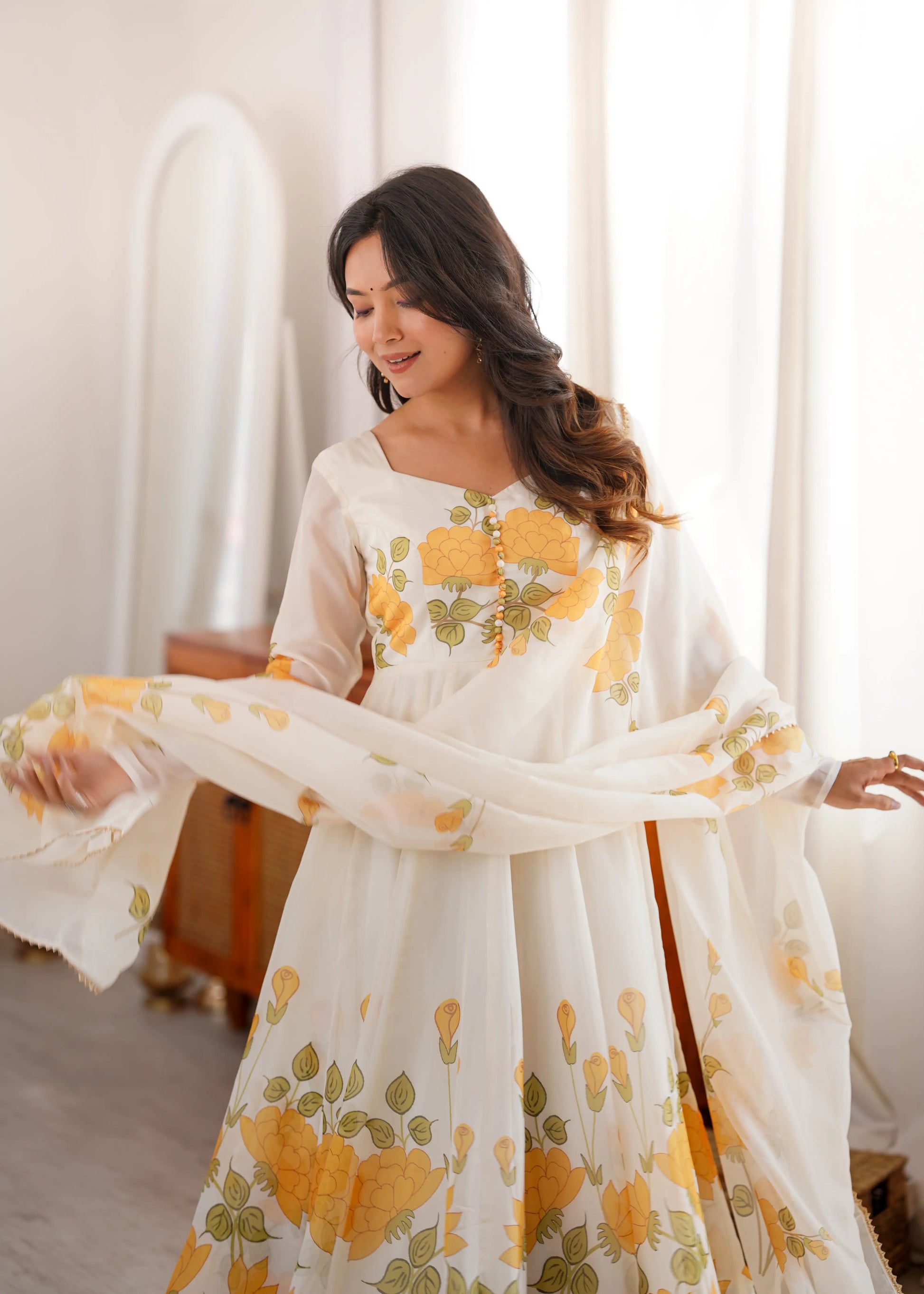 Ivory Organza Floral Print Anarkali with Dupatta