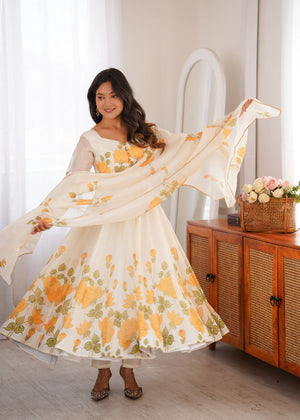 Ivory Organza Floral Print Anarkali with Dupatta