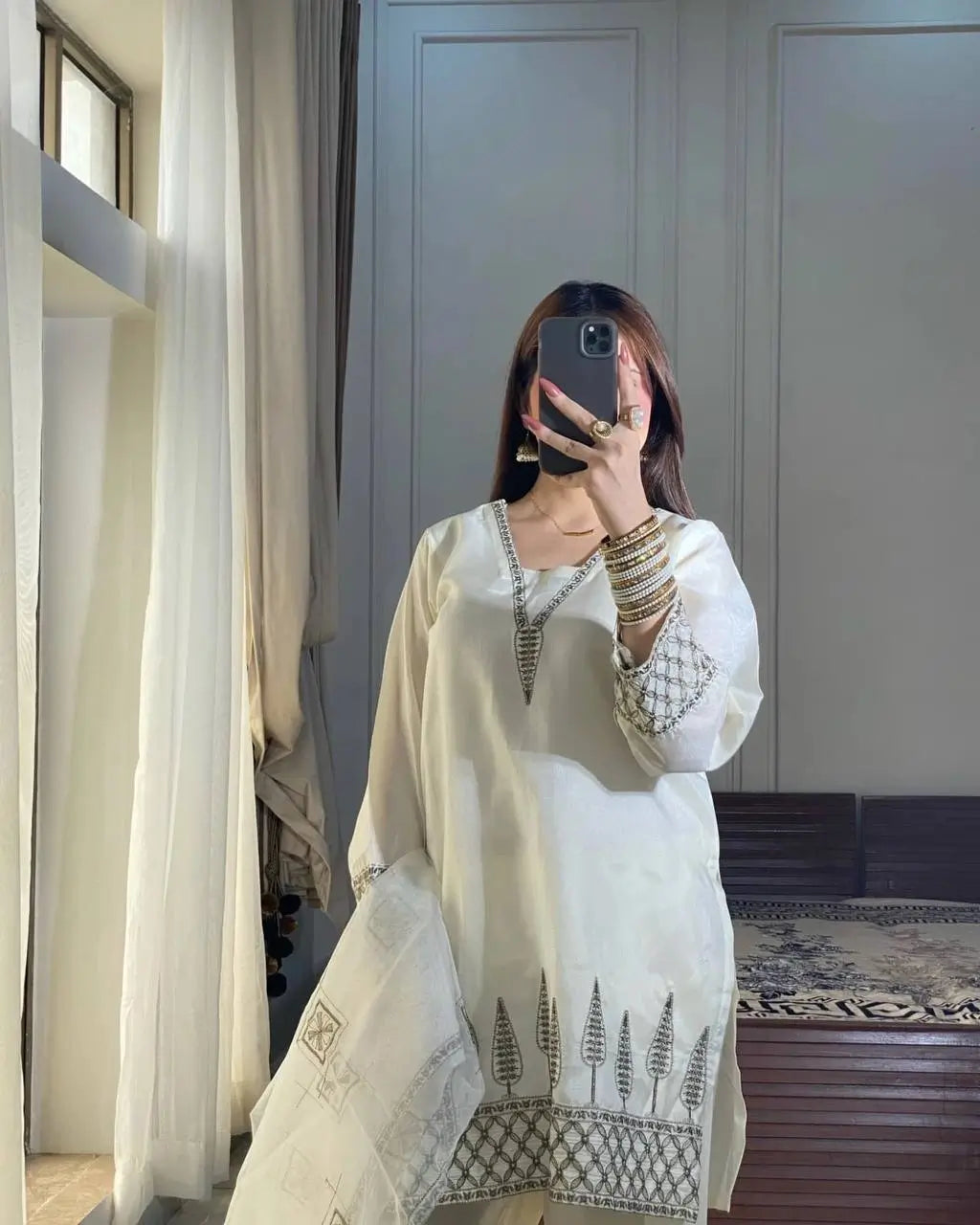 Ivory Pure Natural Crepe Palazzo Set with Black Embroidery and Organza Silk Dupatta for Festive and Elegant Occasions